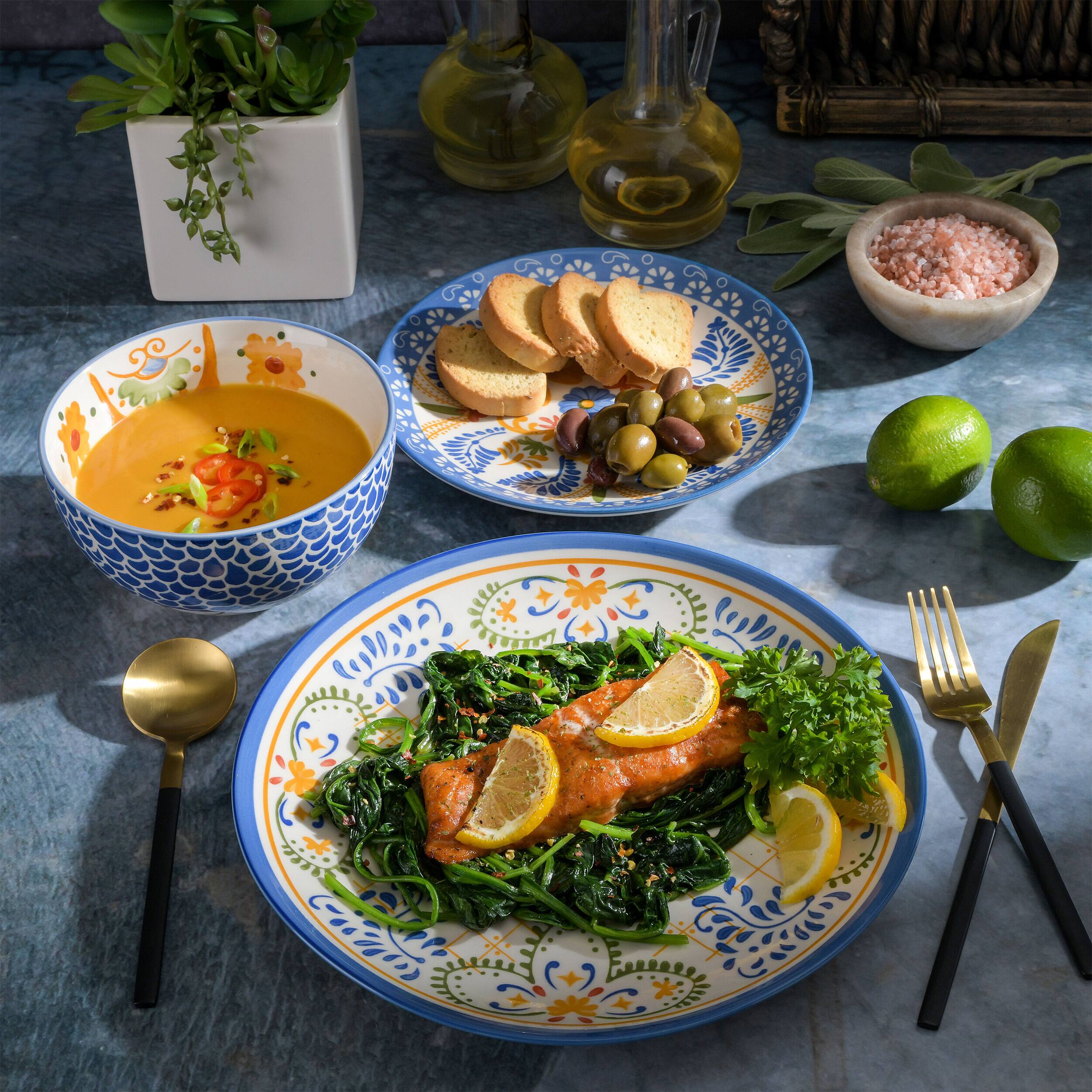 Alt View 7. Laurie Gates - Laurie Gates Tierra Tile 12 Piece Round Stoneware Dinnerware Set in Assorted Designs - Blue.