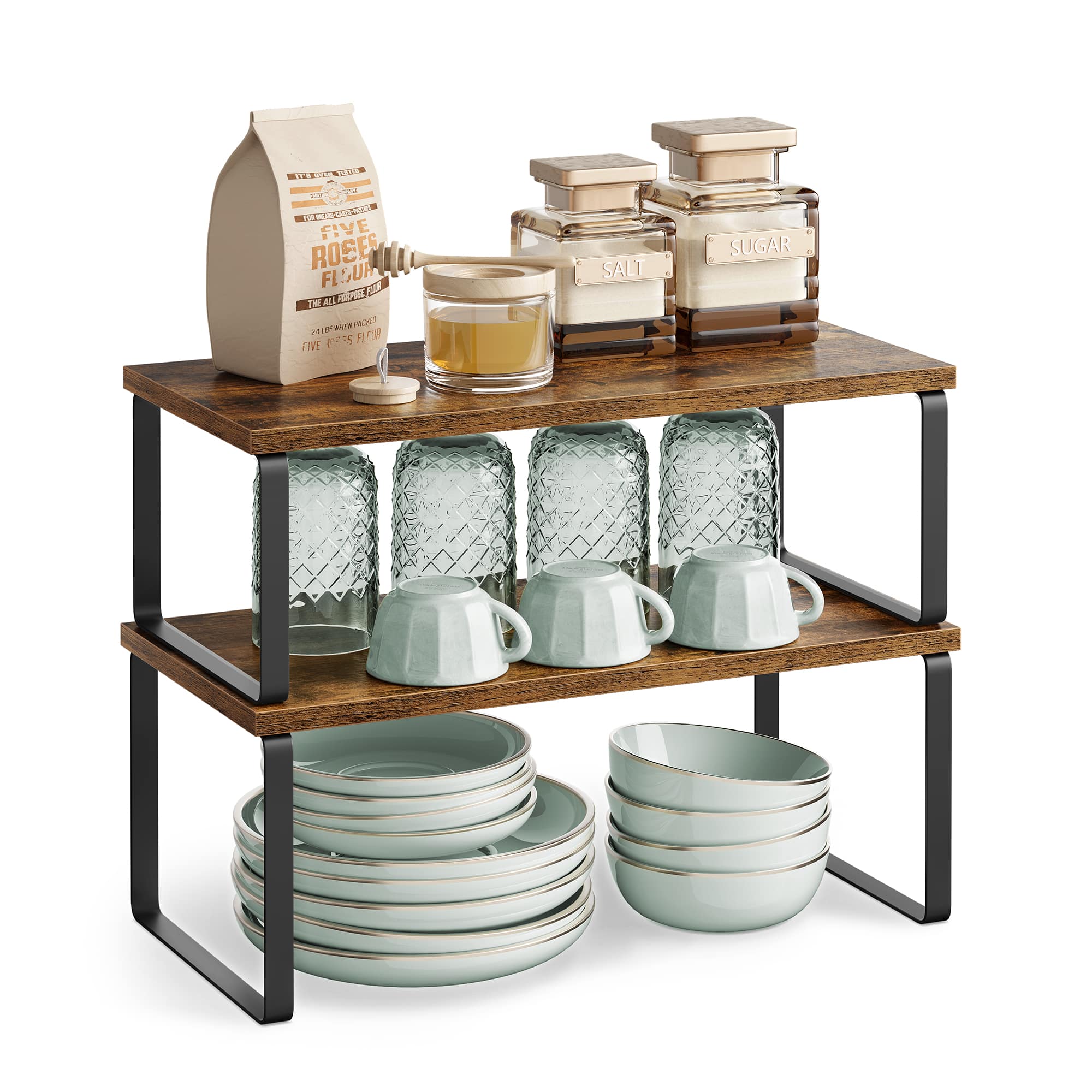 Songmics Home - Cabinet Organizer Shelf, Set of 2 Kitchen Counter Shelves, Kitchen Storage, Spice Rack, Stackable, Expandable - Ink Black and Rustic Brown