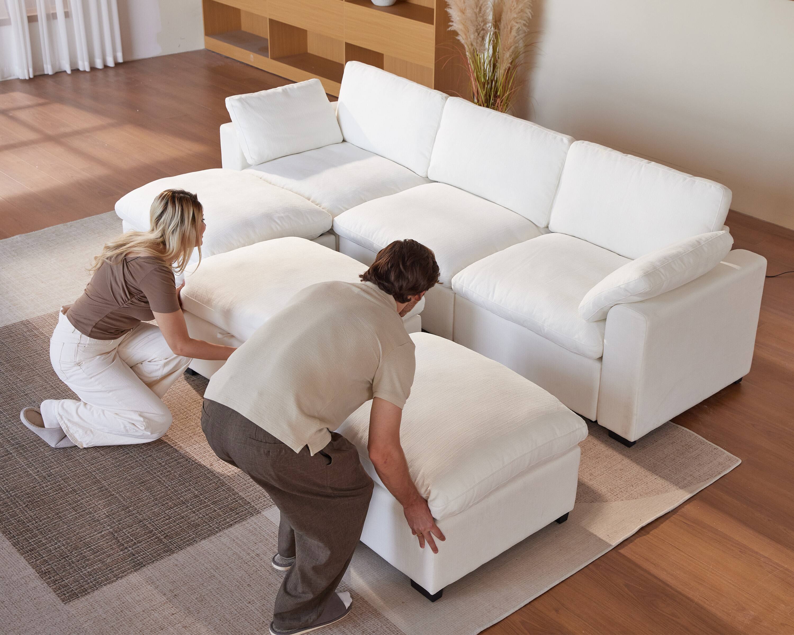 Left. Dyonery - 120-inch oversized modular sectional sofa, with storage bench, down-filled, solid wood frame, no tools required，Beige - Beige.