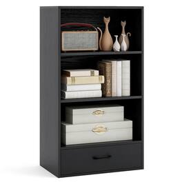 Pefilos - 4 Tiers Wood Storage Bookcase with Open Shelves Drawer and Drawer - Black