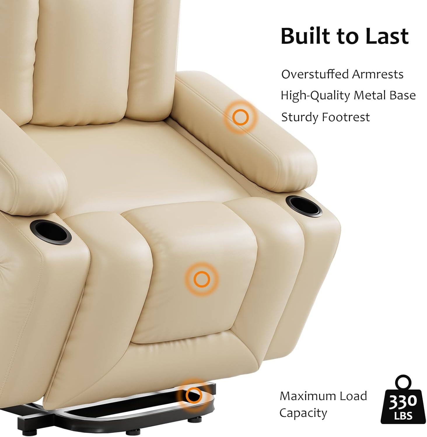 Built to Last

- Overstuffed Armrests
- High-Quality Metal Base
- Sturdy Footrest

Maximum Load Capacity: 330 LBS