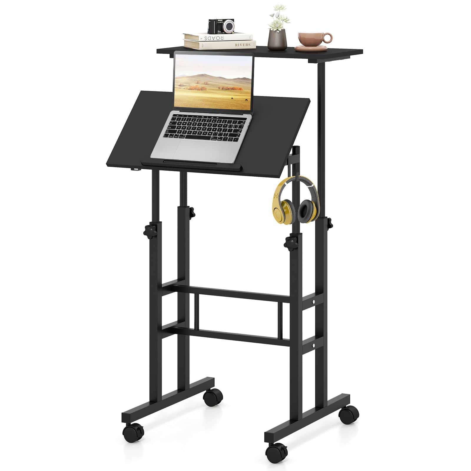 Ecooso - Mobile Height-Adjustable Standing Desk with Wheels, Rolling Sit-Stand Workstation - Black