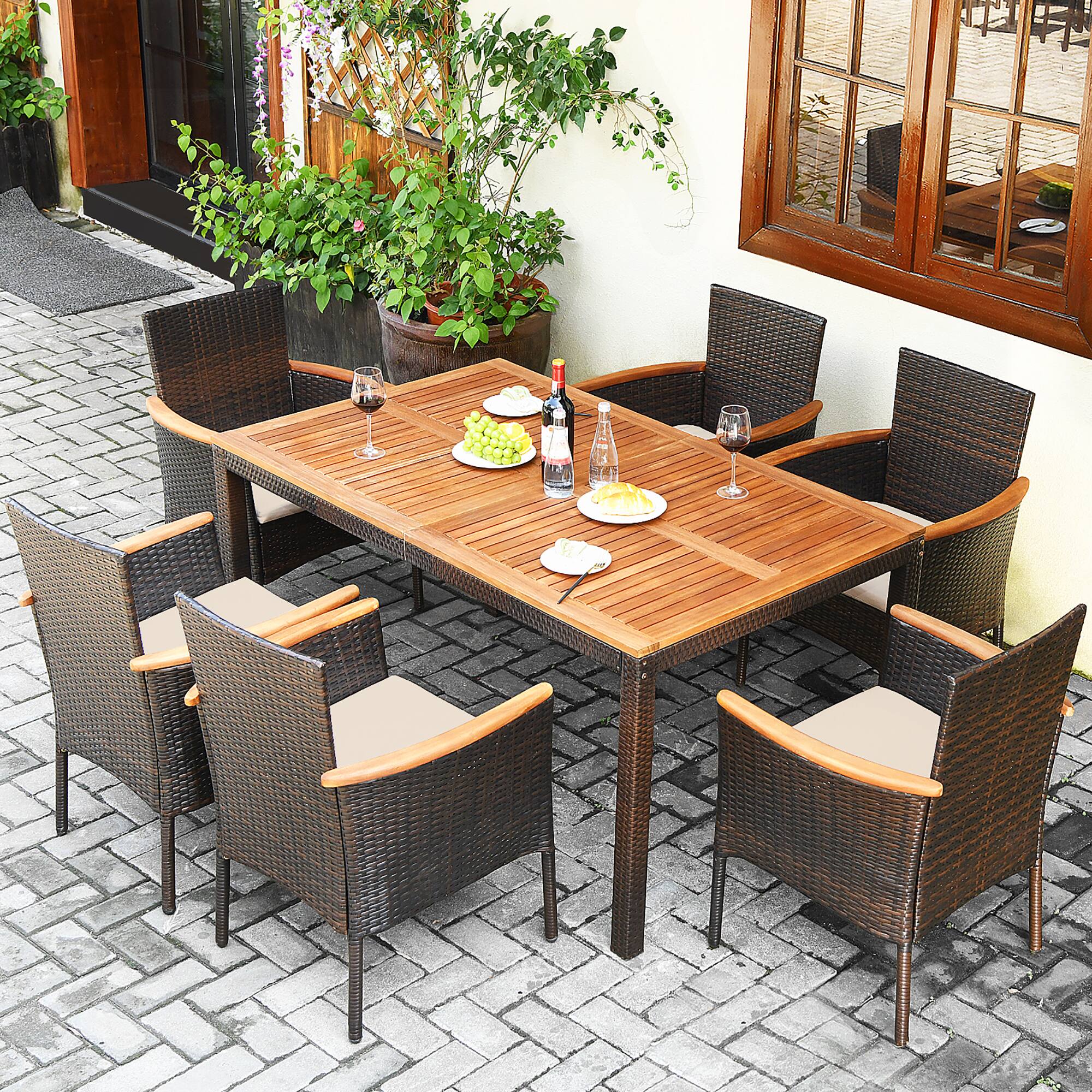 Alt View 1. Costway - 7PCS Patio Rattan Dining Set Armrest Cushioned Chair Wooden Tabletop - Brown.
