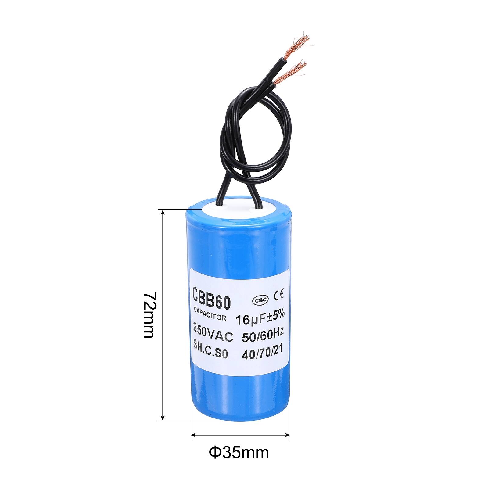 72mm CBB60 Capacitor 16µF±5% 250VAC 50/60Hz SH.C.SO 40/70/21 35mm