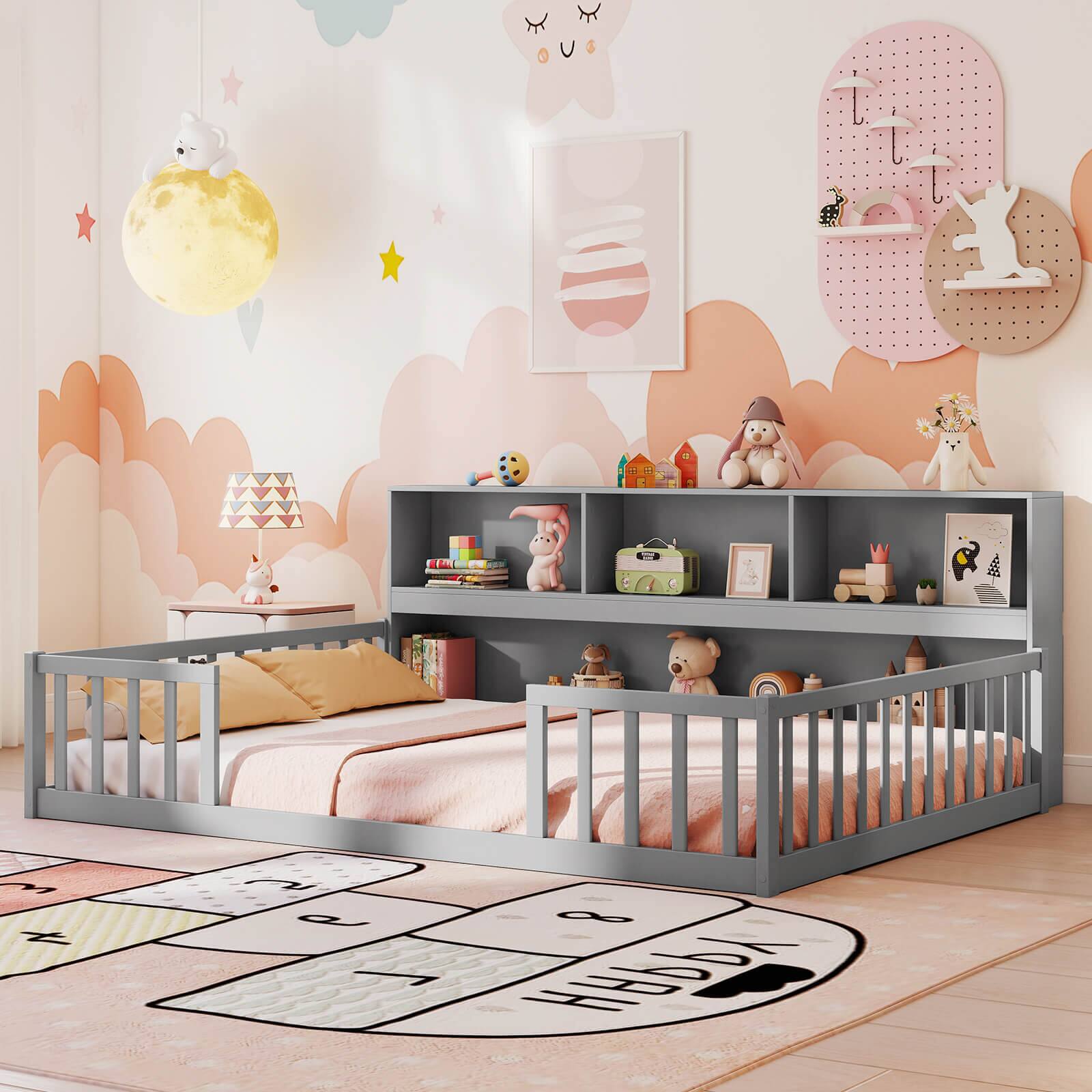 Alt View 4. Costway - Costway Full Size Montessori Floor Bed with Bookcase Storage Shelves & Safety Fence Rails Gray - Grey.