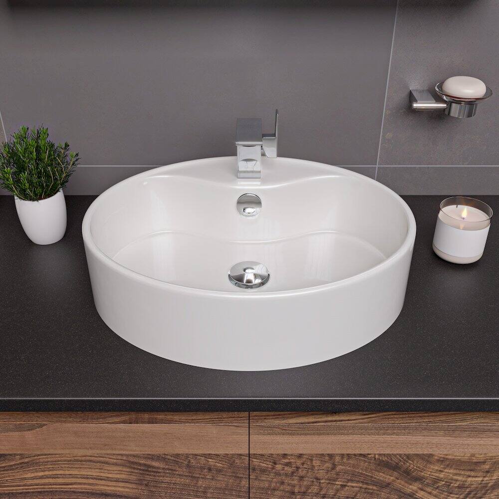 Left. Alfi - White 22" Oval Above Mount Ceramic Sink with Faucet Hole - White.
