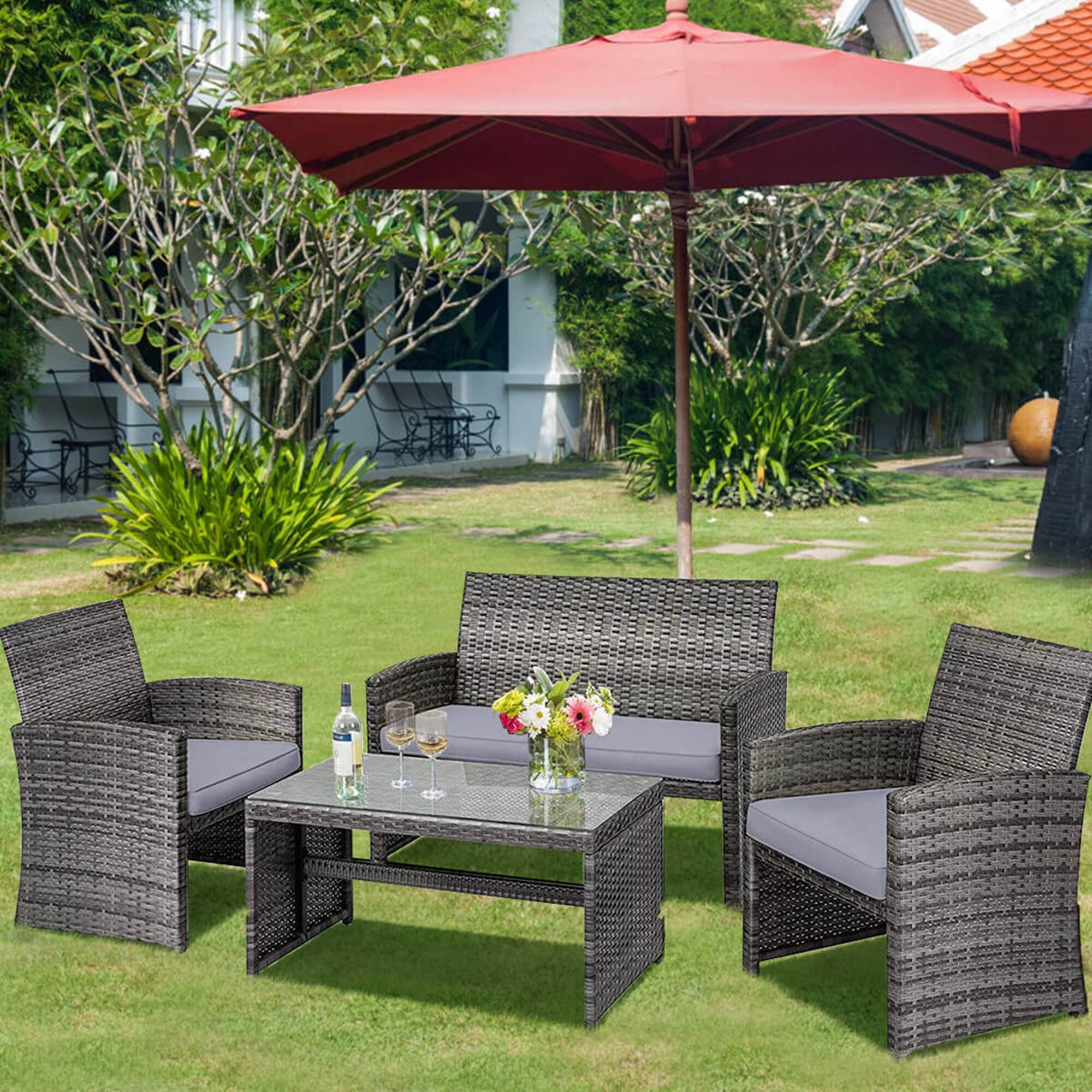 Alt View 4. Costway - 4 PCS Patio Cushioned Rattan Sofa with Glass Top Table - Gray.