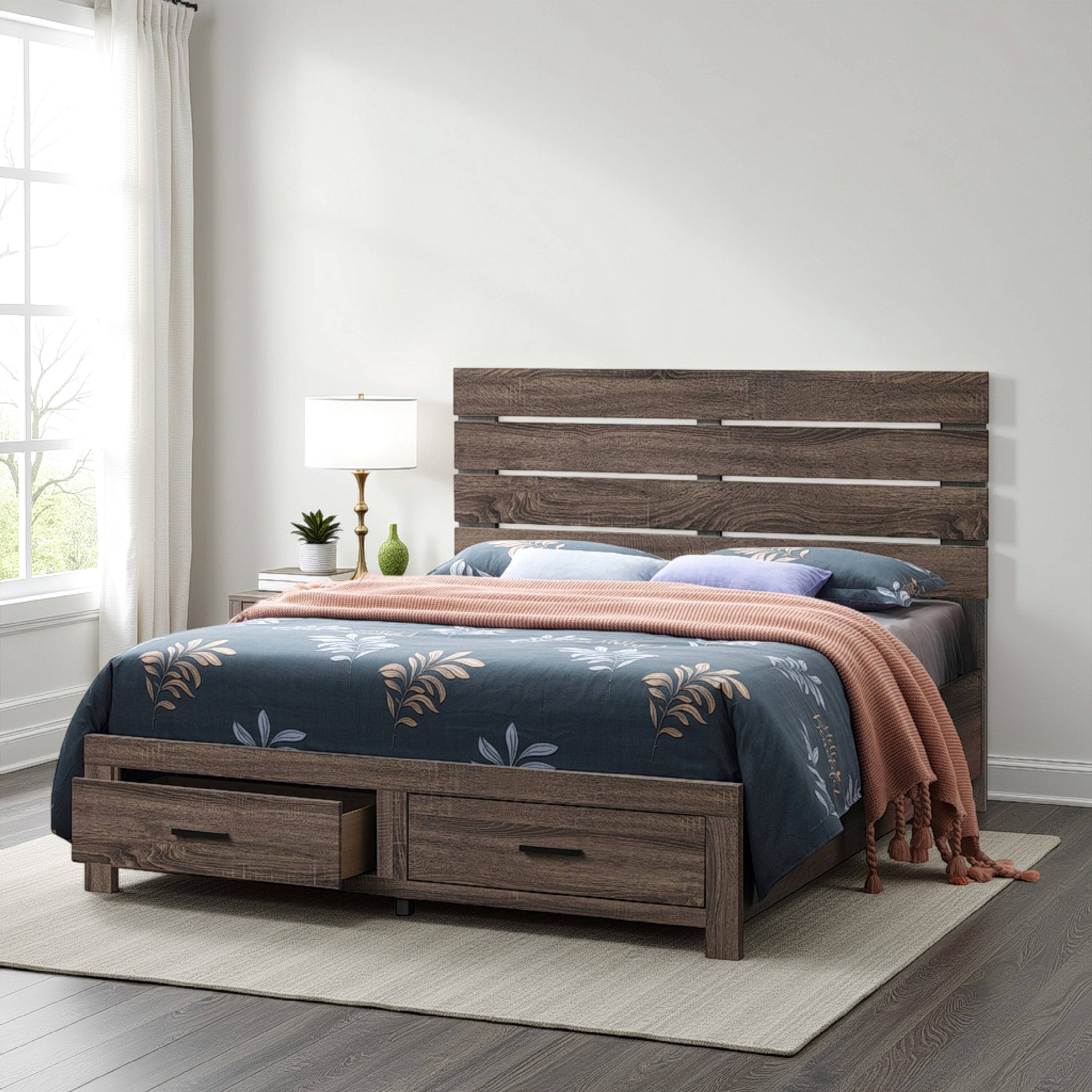 Alt View 5. Manhattan Lane - Ach Wood Queen Storage Bed with 2 Drawers, Plank Style Headboard - Brown.