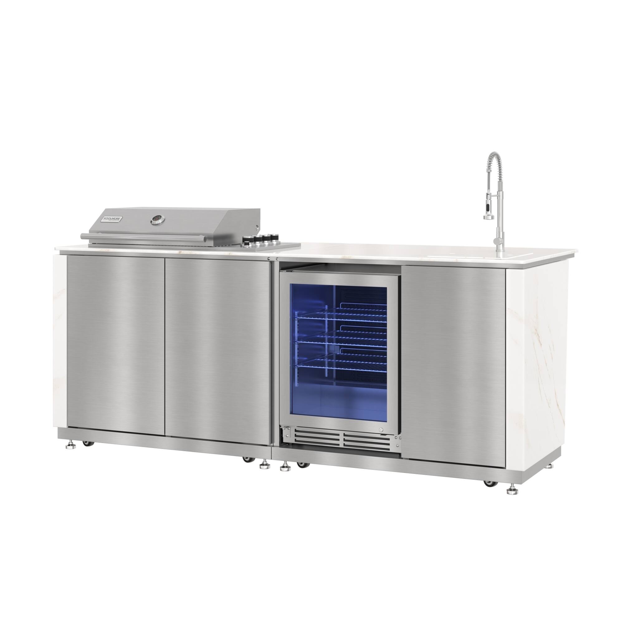 Alt View 2. Koolmore - 95 in. Outdoor Kitchen Island with 4-Burner NG and LP BBQ Grill, White Stone Counters and Sides and Stainless-Steel Sink - Stainless-Steel and White Stone.