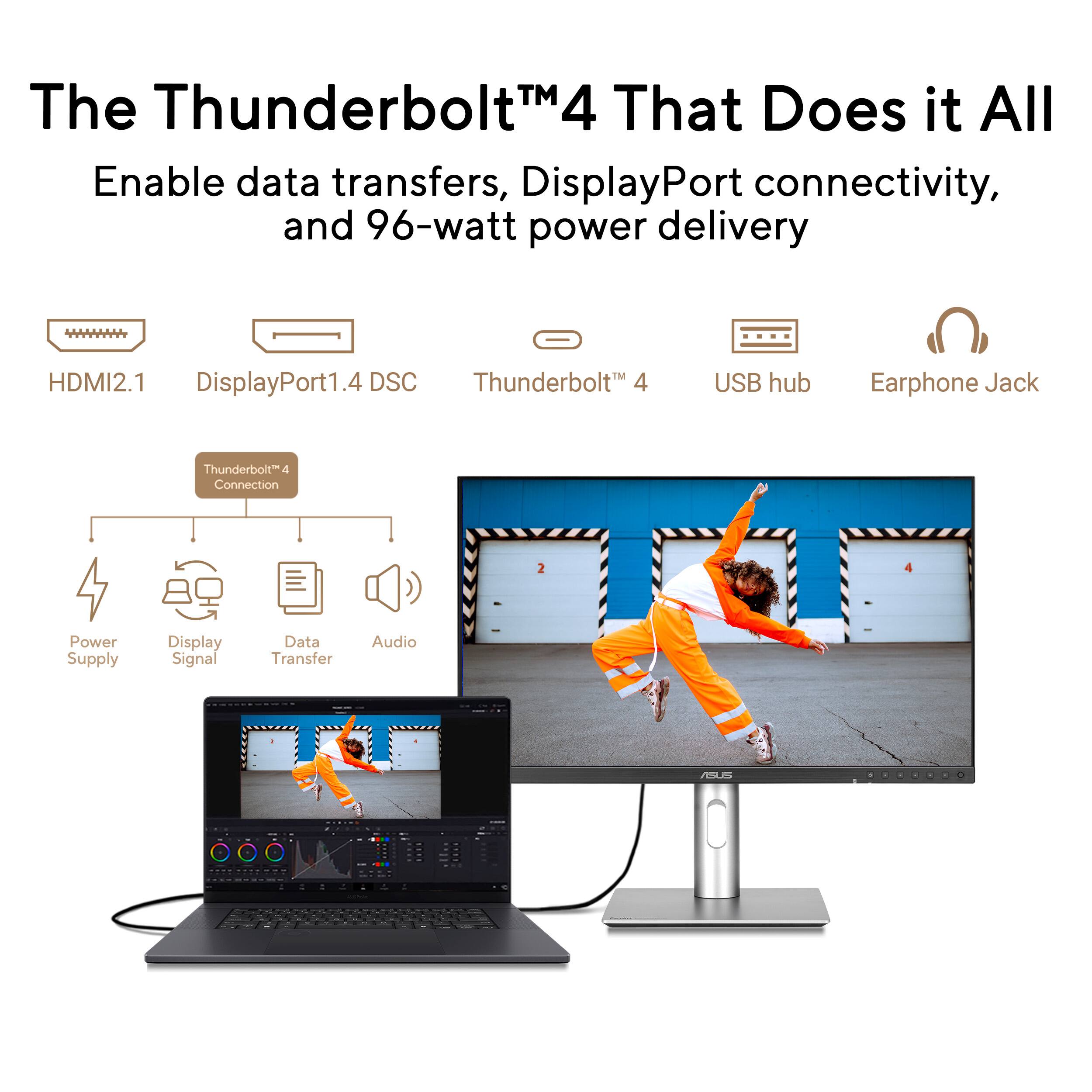 The Thunderbolt™4 That Does it All  
Enable data transfers, DisplayPort connectivity, and 96-watt power delivery  

- HDMI2.1  
- DisplayPort1.4 DSC  
- Thunderbolt™4 Connection  
- USB hub  
- Earphone Jack  

- Power Supply  
- Display Signal  
- Data Transfer  
- Audio