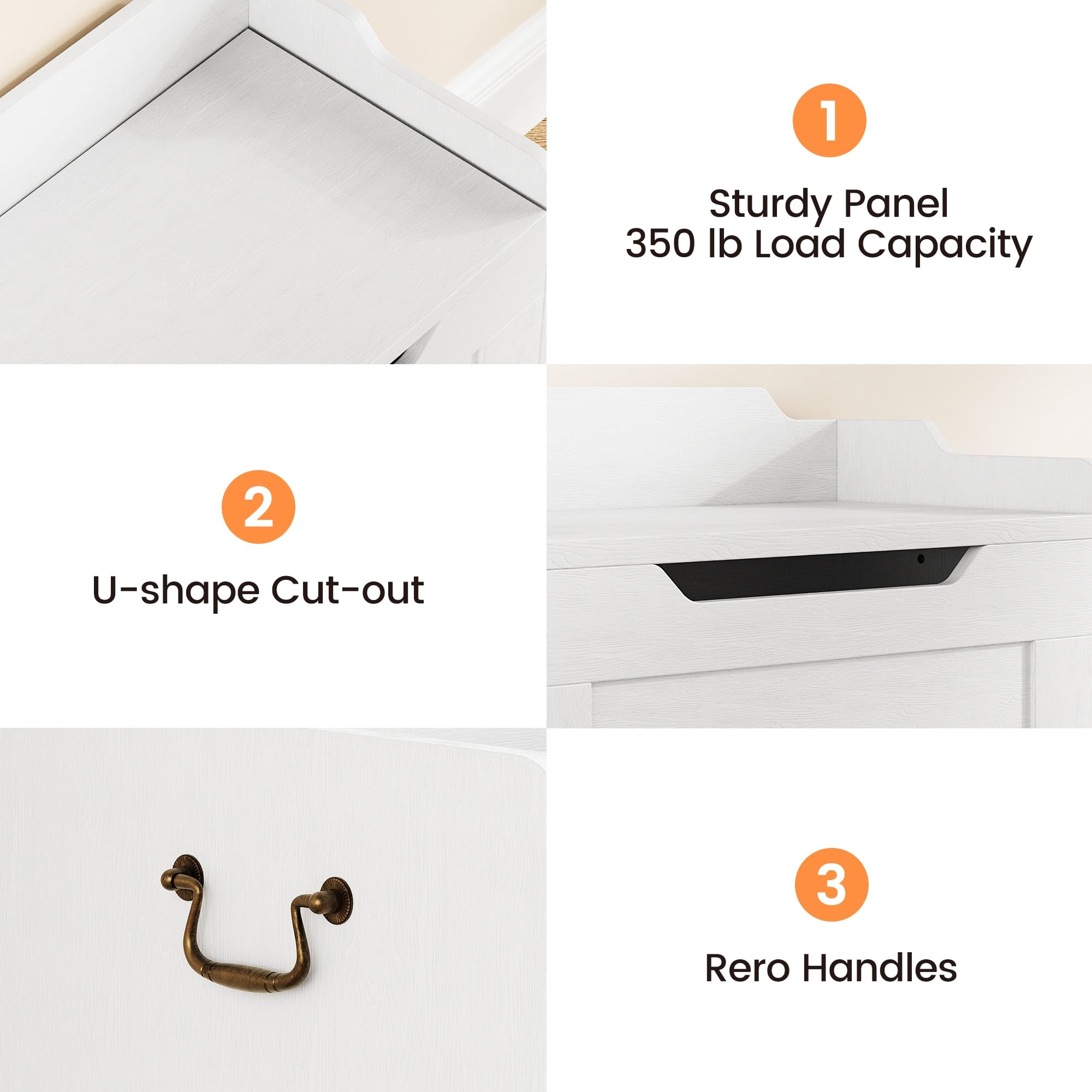1. Sturdy Panel  
   350 lb Load Capacity

2. U-shape Cut-out

3. Rero Handles