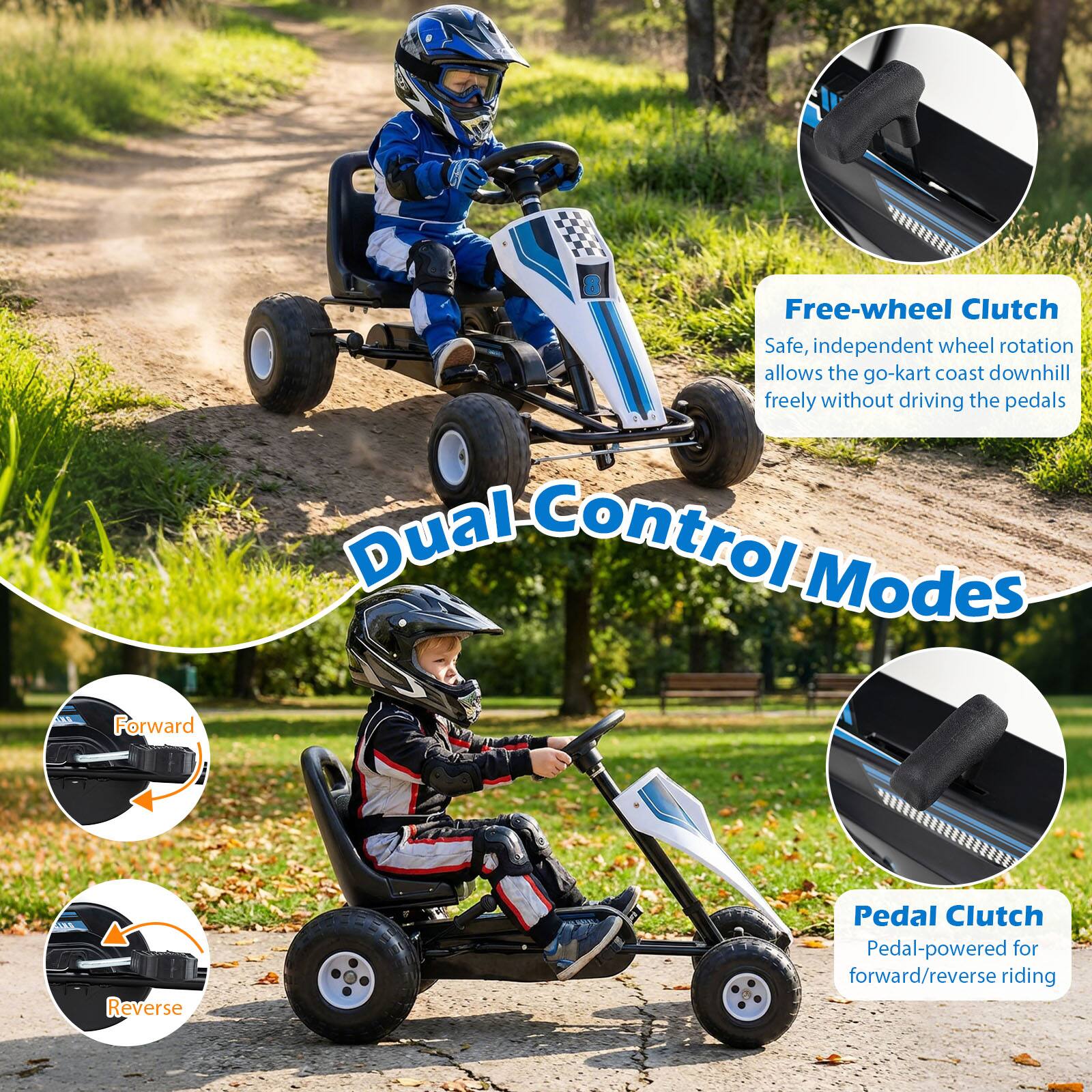 Free-wheel Clutch  
Safe, independent wheel rotation allows the go-kart to coast downhill freely without driving the pedals  

Dual Control Modes  
E Forward Reverse  
Pedal Clutch  
Pedal-powered for forward/reverse riding