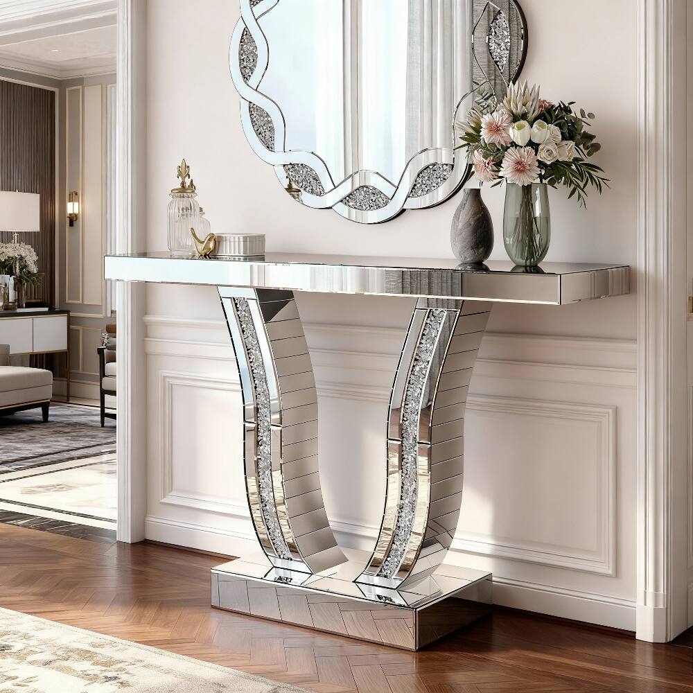 Back. Loheer - Loheer 43 inch mirrored console table, silver glam entryway table with glass top - Silver.