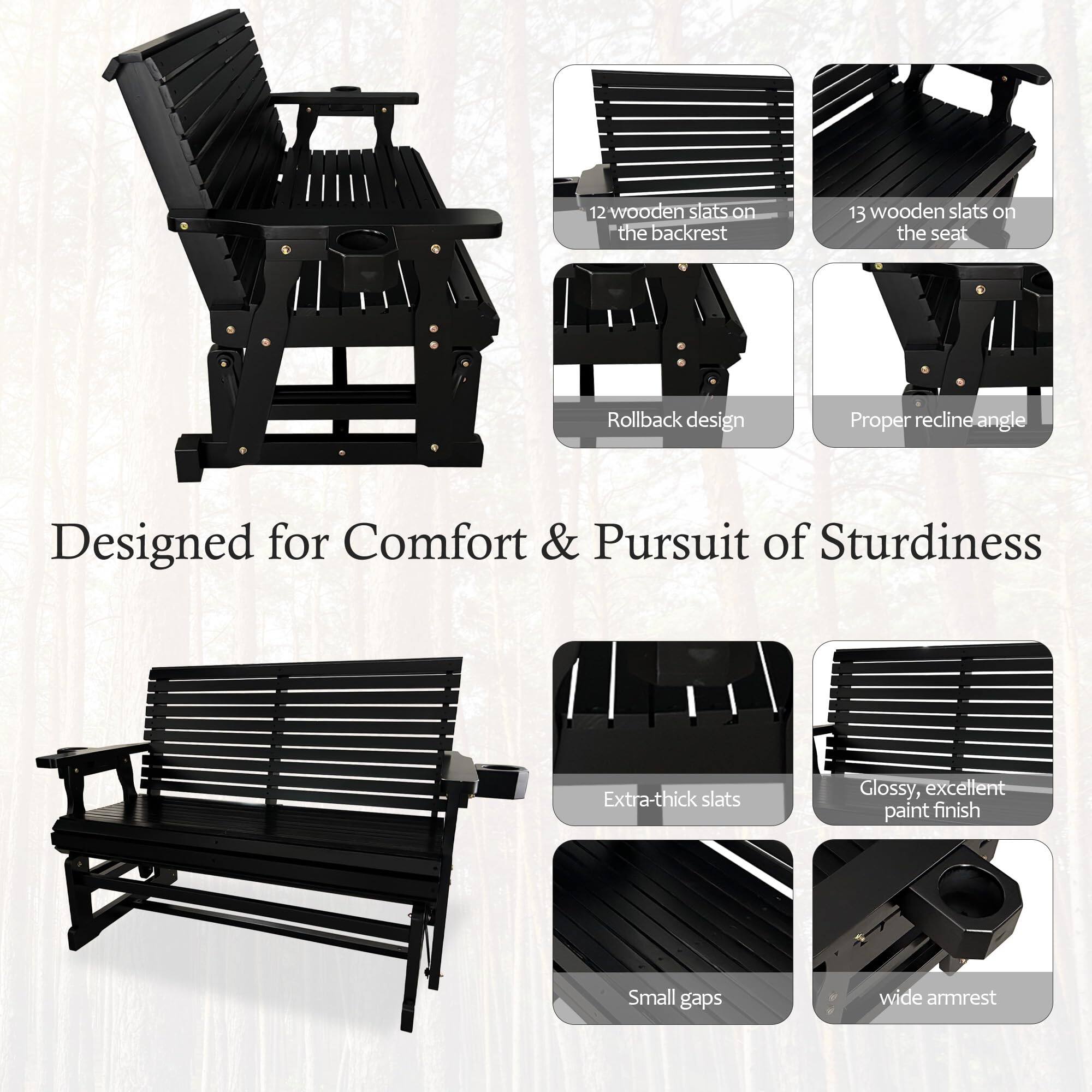 12 wooden slats on the backrest  
13 wooden slats on the seat  
Rollback design  
Proper recline angle  
Extra-thick slats  
Glossy, excellent paint finish  
Small gaps  
Wide armrest  

Designed for Comfort & Pursuit of Sturdiness