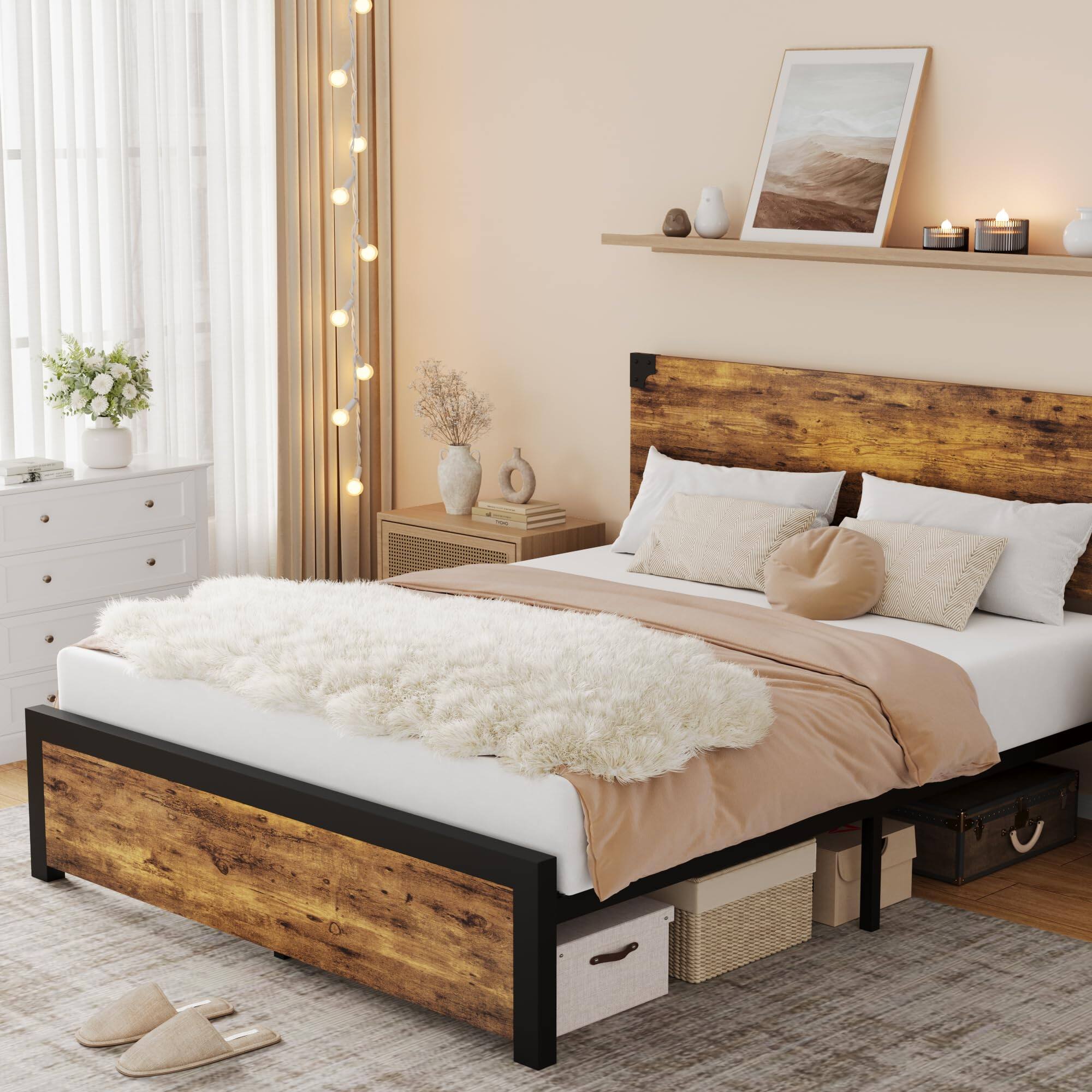 Front. Homhougo - Full Size Bed Frame with Wood Headboard, Full Platform Bed Frame - Brown.