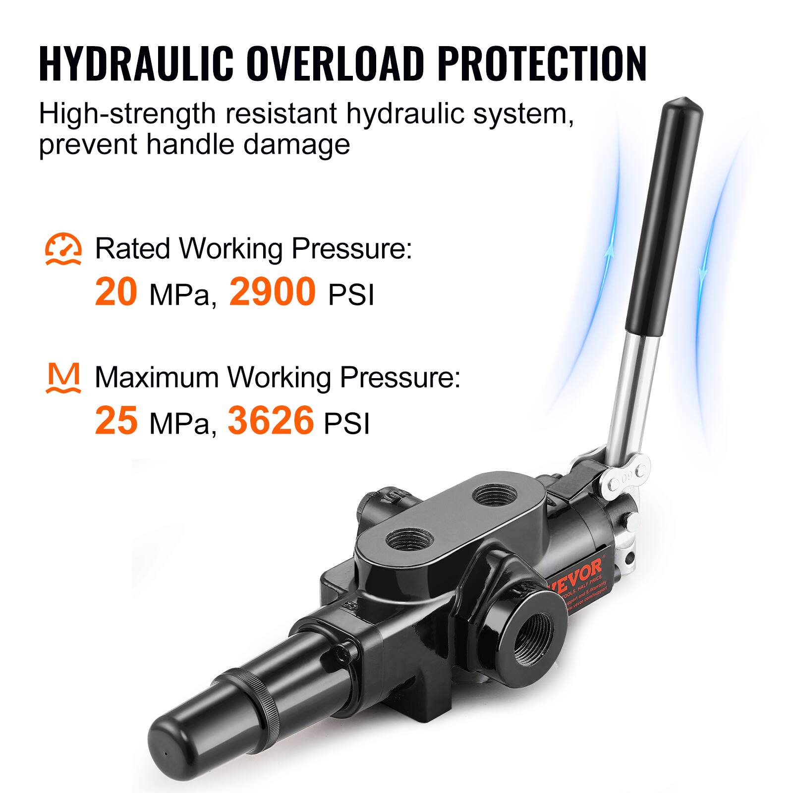 HYDRAULIC OVERLOAD PROTECTION

High-strength resistant hydraulic system, prevent handle damage

Rated Working Pressure: 20 MPa, 2900 PSI

Maximum Working Pressure: 25 MPa, 3626 PSI