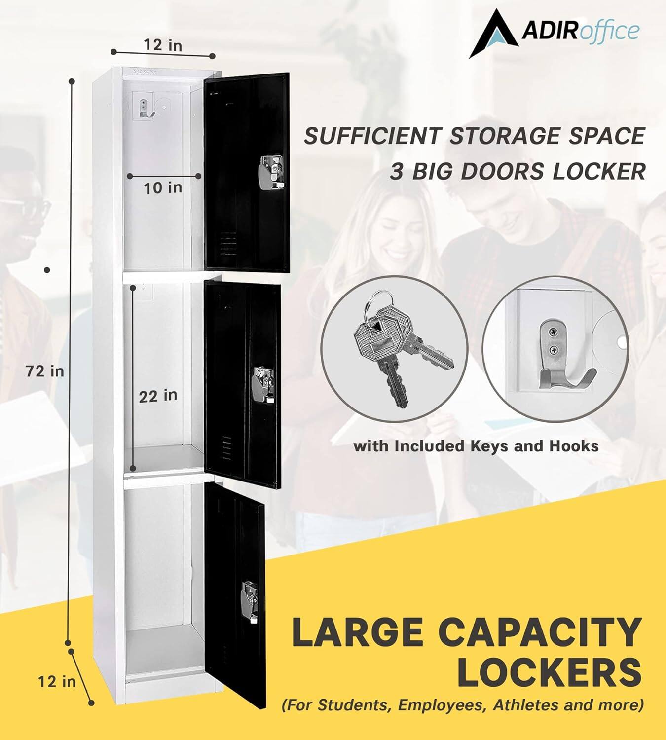 ADIRoffice, SUFFICIENT STORAGE SPACE, 3 BIG DOORS LOCKER, 72 in, 22 in, with Included Keys and Hooks, LARGE CAPACITY LOCKERS (For Students, Employees, Athletes and more), 12 in, 12 in