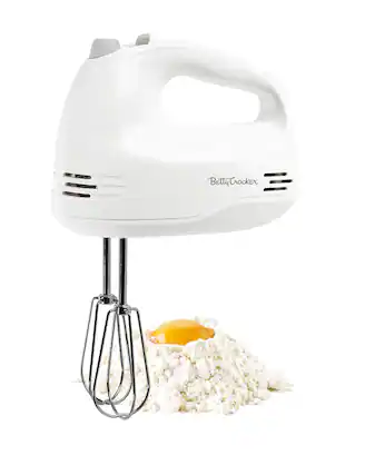 Front. Betty Crocker - 5-Speed Hand Mixer, 150W Power with Chrome Beaters, Beater Eject Button, Heel Rest & Sleek Compact Design, BC-4203WT - White.