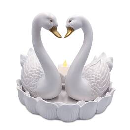 OrnamentallyYou - Elegance in Union Swan Figurine and Tealight Candle, 7" Romantic Couples Gift for Valentine - White