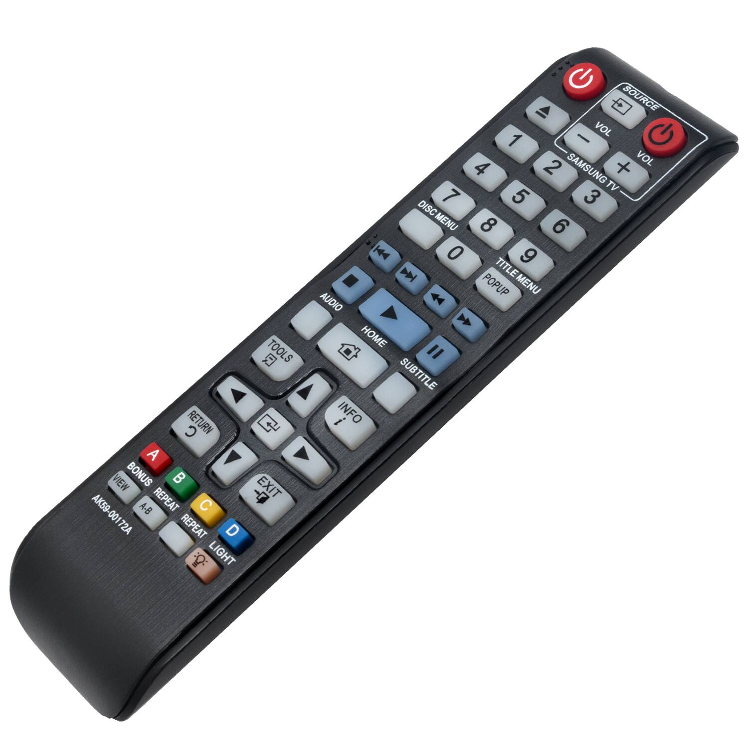 TOOLS RETURN C A 1 VIEW BONUS EXIT REPEAT C -7 AK59-00172A A-8 72A REPEAT D LIGHT SOURCE VOL 1 - 4 2 VOL SAMSUNG + TV 7 5 3 DISCMENU DISC MENU 8 6 K4 0 9 D TITLE POPUP MENU AUDIO 4 HOME O I SUBTITLE i INFO