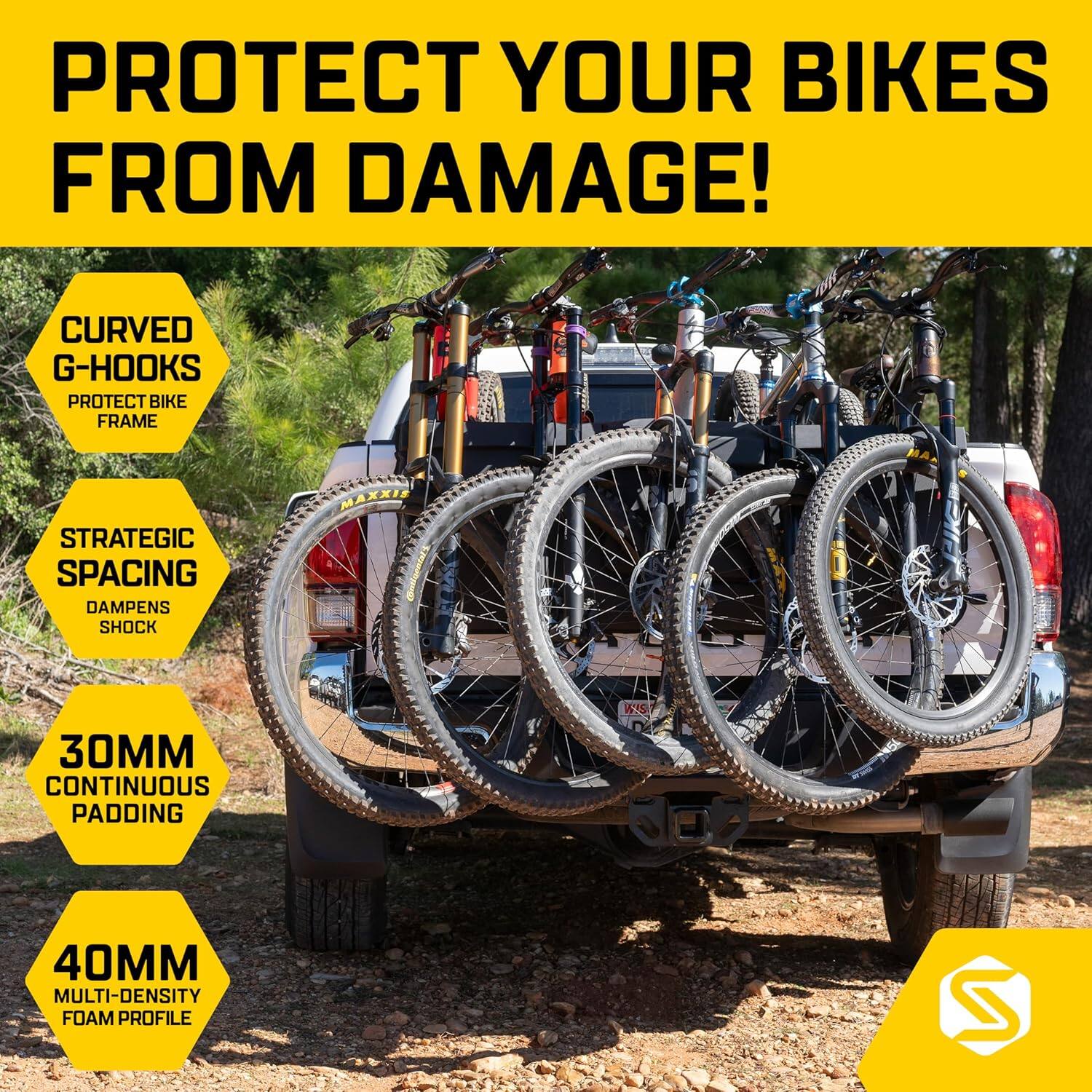 PROTECT YOUR BIKES FROM DAMAGE! CURVED G-HOOKS PROTECT BIKE FRAME STRATEGIC SPACING DAMPENS SHOCK MAXXIS 30MM CONTINUOUS PADDING 40MM MULTI-DENSITY FOAM PROFILE S