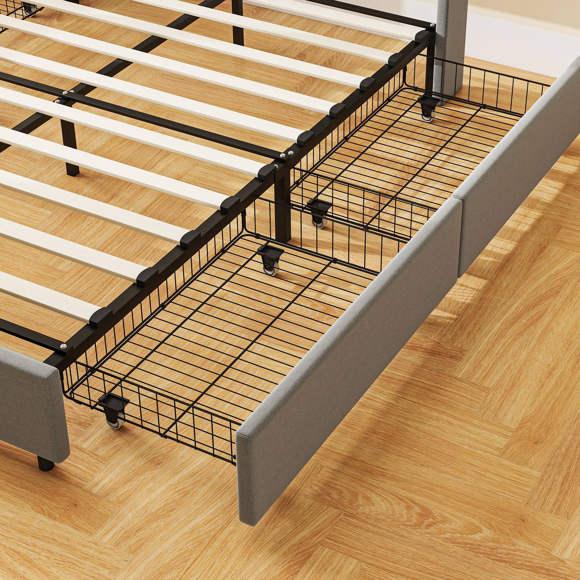 Alt View 8. Homcom - Full Size Bed Frame with Headboard, Upholstered Platform Bed Frame with Storage Drawers, Wood Slats, Noise-Free - Light Gray.