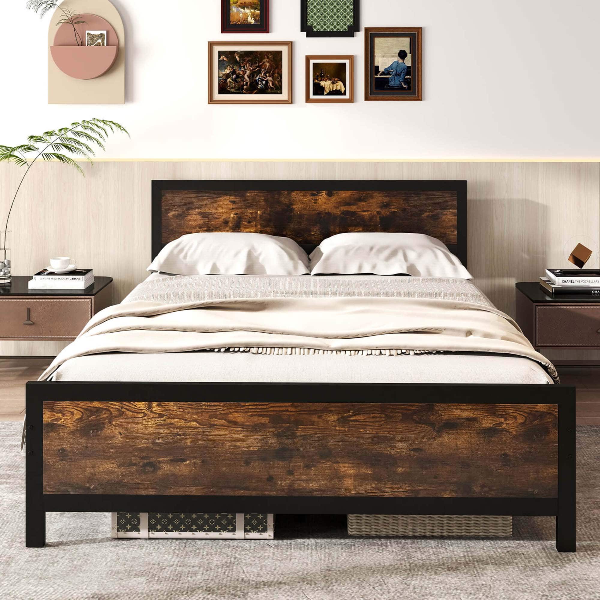 Back. Costway - Queen Size Metal Bed Frame with Headboard & Footboard Metal Slats Support - Brown.