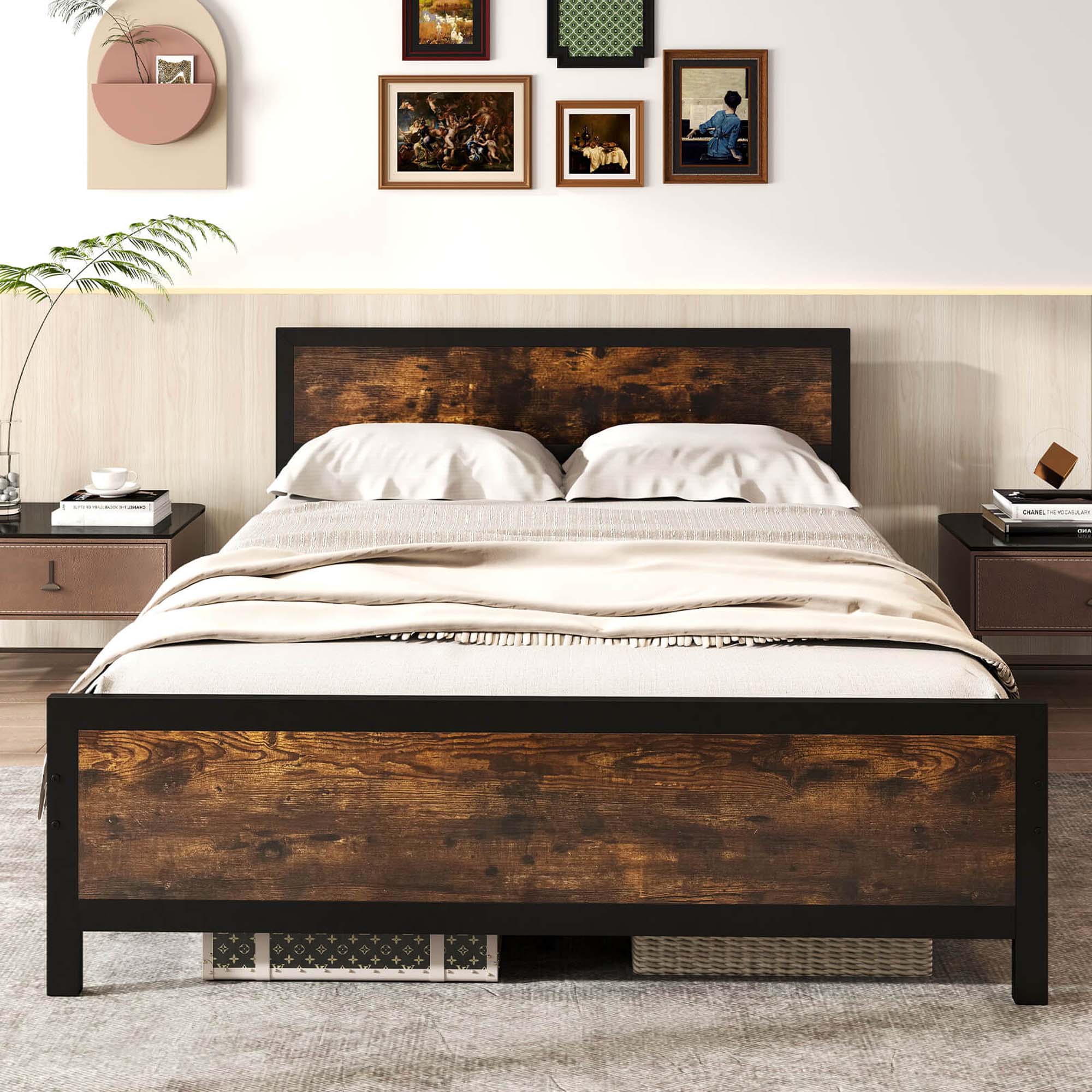 Back. Costway - Queen Size Metal Bed Frame with Headboard & Footboard Metal Slats Support - Brown.
