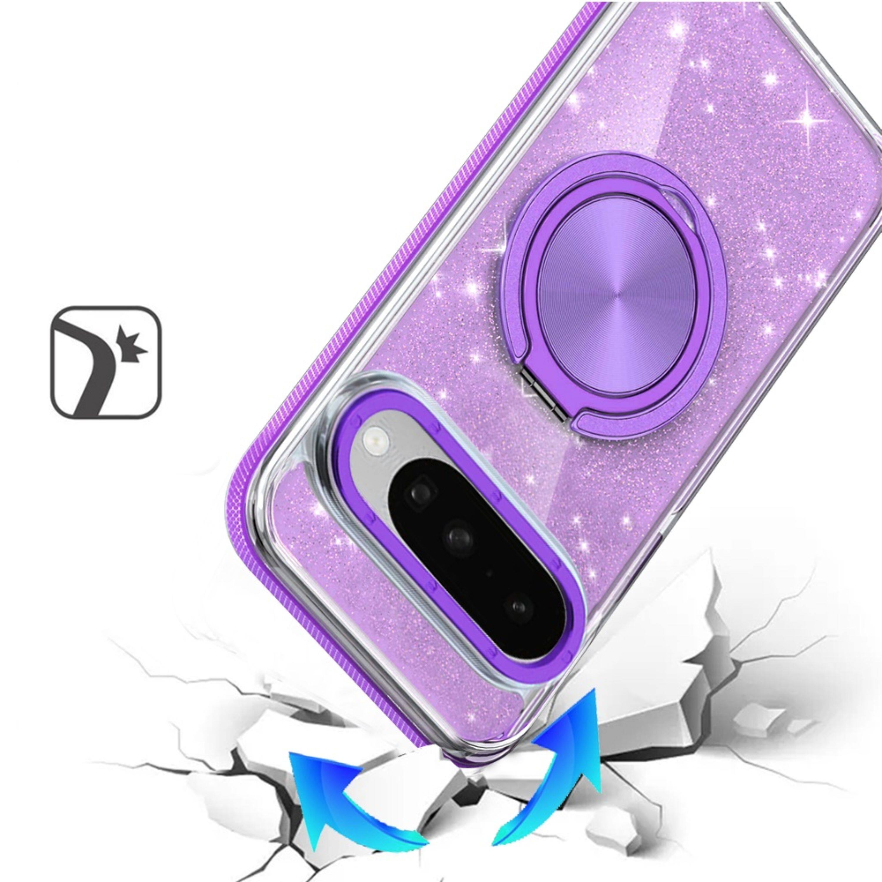 Angle. Kitcheniva - Glitter Magnetic Ring Stand Case With Tempered Glass For Google Pixel 10 / 10 Pro Purple - Purple.