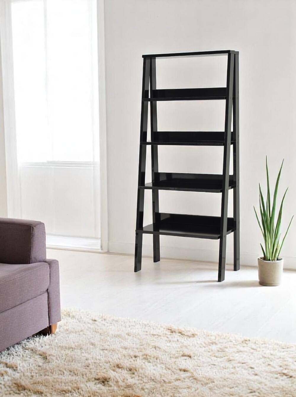 Back. TinyHomie - Furnish Home Store Otavio 5 Tier Modern Ladder Bookshelf Organizers Wood Frame Bookshelf - Black.