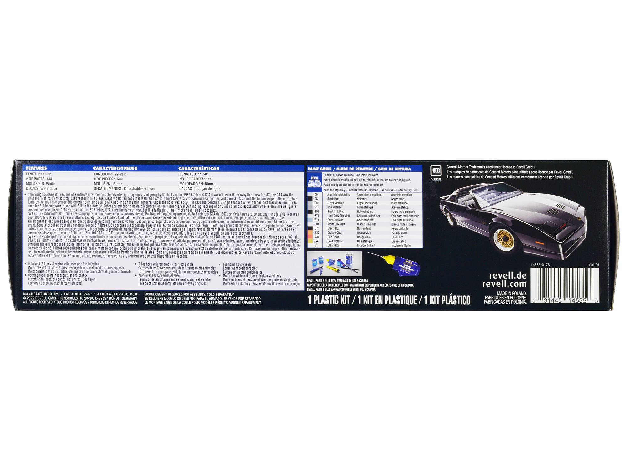 **FEATURES**

- LENGTH: 11.50"
- NO. OF PARTS: 144
- DECALS: Waterslide

**CARACTERÍSTICAS**

- LONGITUD: 29.2cm
- NÚMERO DE PARTES: 144
- DECALCOMANÍAS: Detalles a la agua

**CARACTERISTIQUES**

- LONGUEUR: 11.50"
- NO. DE PARTIES: 144
- DECALS: Waterslide

---

**PAINT GUIDE / GUIDE DE PEINTURE / GÜÍA DE PINTURA**

- **BODY**
  - 99: Aluminum Metallic
  - 101: Silver Metallic
  - 103: Light Iron Gray
  - 105: White Silk Matt
  - 107: Light Iron Silk Matt
  - 109: Light Iron Silk Matt
  - 111: Light Iron Silk Matt
  - 113: Light Iron Silk Matt
  - 115: Light Iron Silk Matt
  - 117: Light Iron Silk