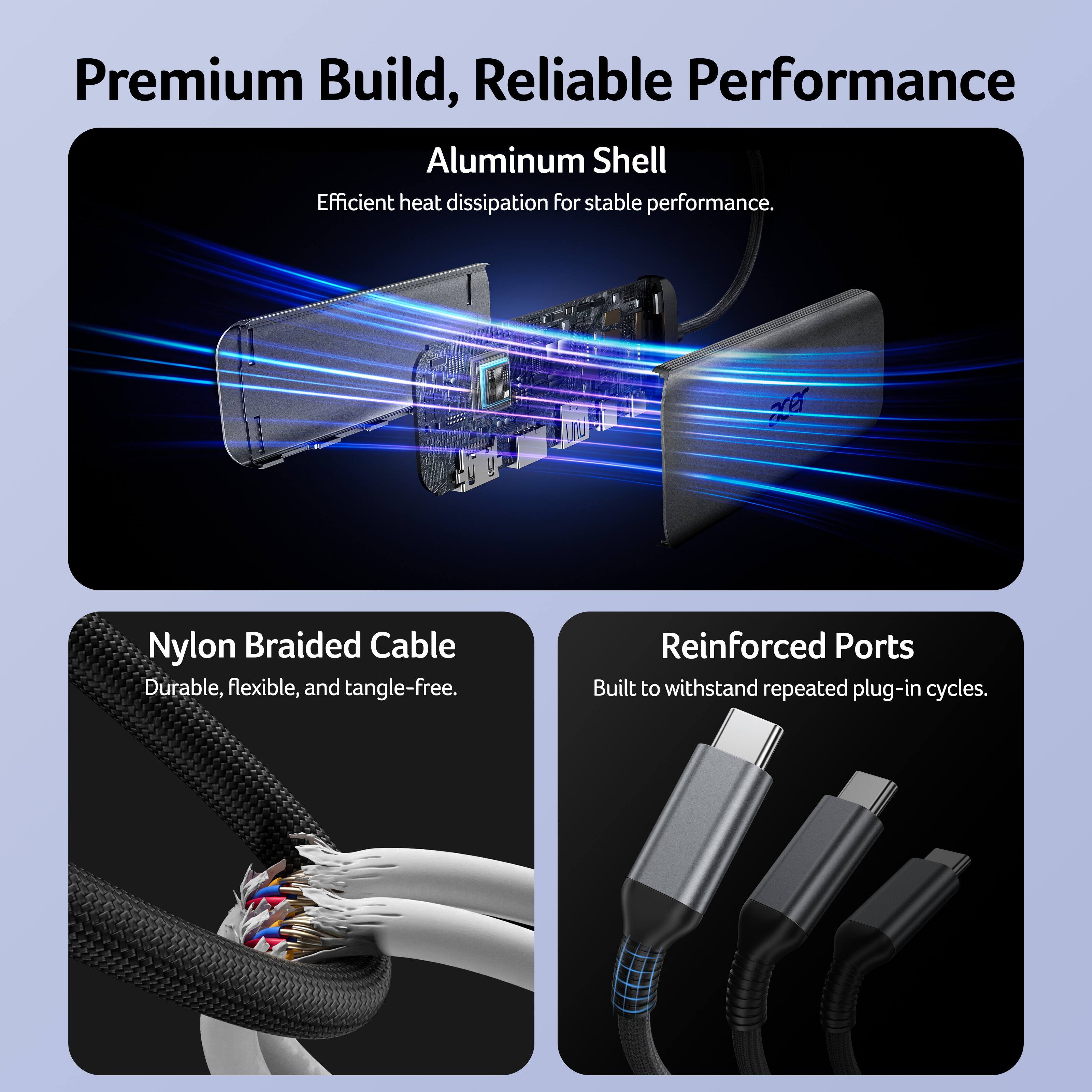 Premium Build, Reliable Performance

Aluminum Shell
Efficient heat dissipation for stable performance.

Nylon Braided Cable
Durable, flexible, and tangle-free.

Reinforced Ports
Built to withstand repeated plug-in cycles.