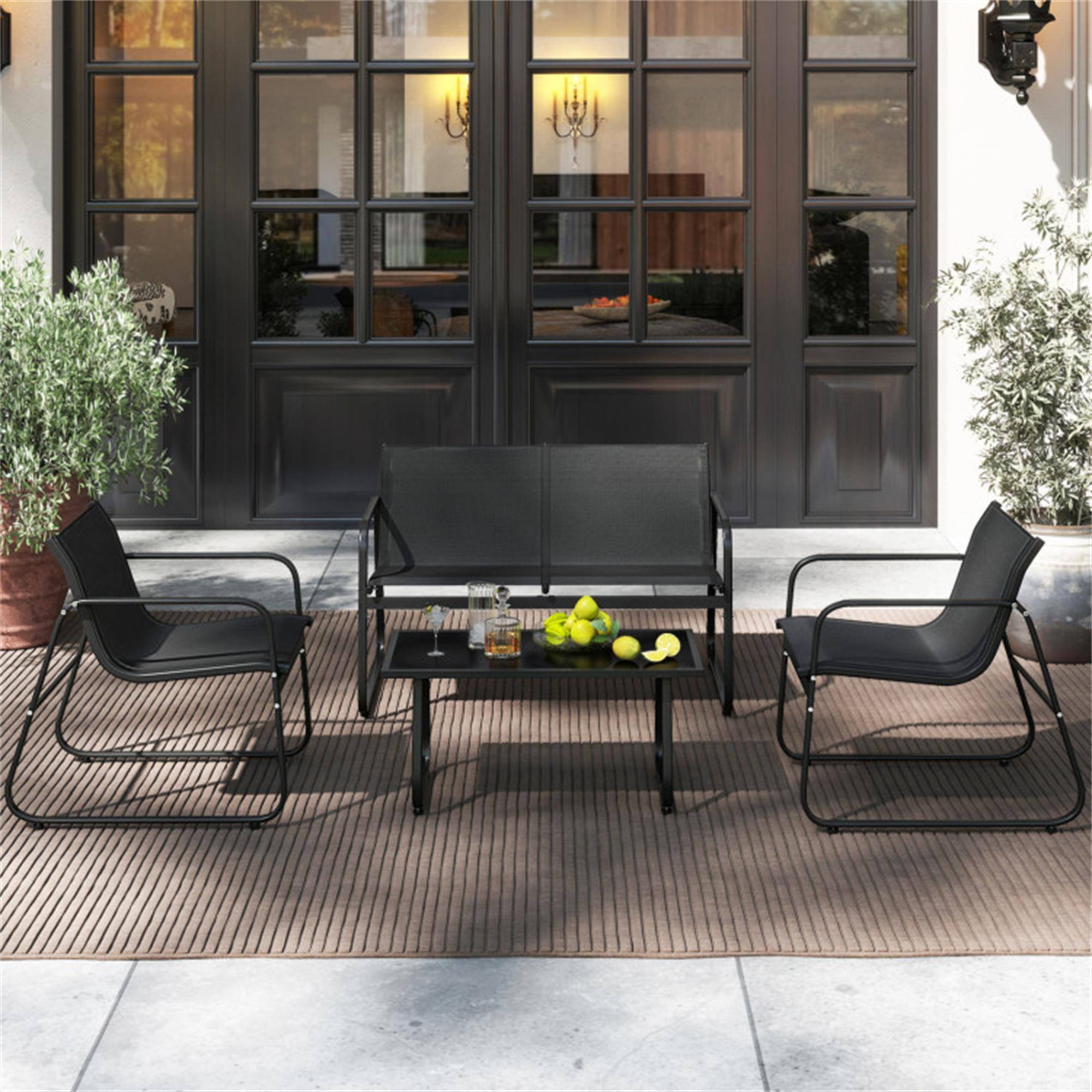 Alt View 3. Boyel Living - Black 4 Pieces Patio Furniture Set Fabric Lawn Chairs and Loveseat with Glass Coffee Table 45-in L x 30-in W x 29-in H - Black.