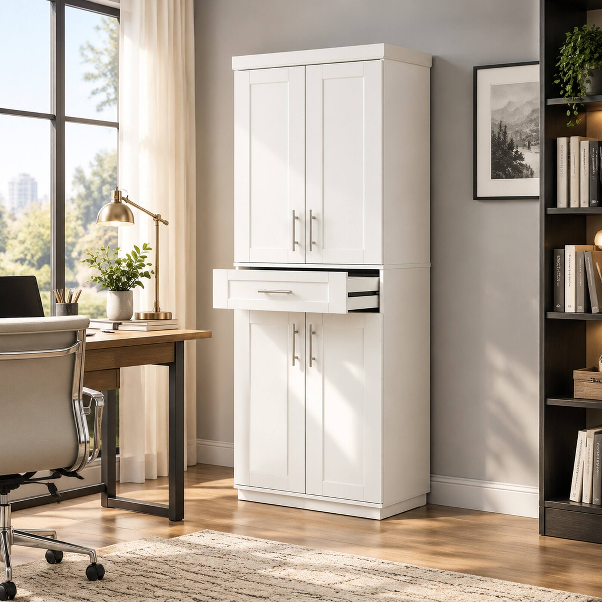 Left. RYHNUYNE - Freestanding Tall Storage Cabinet, Spacious Kitchen Pantry Cabinet with Doors, Space Saving - White.