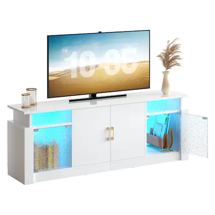 Front. Bestier - Modern 55-70" TV Stand with RGB LED, spacious storage, adjustable shelves & glossy acrylic doors for living room/bedroom - White.
