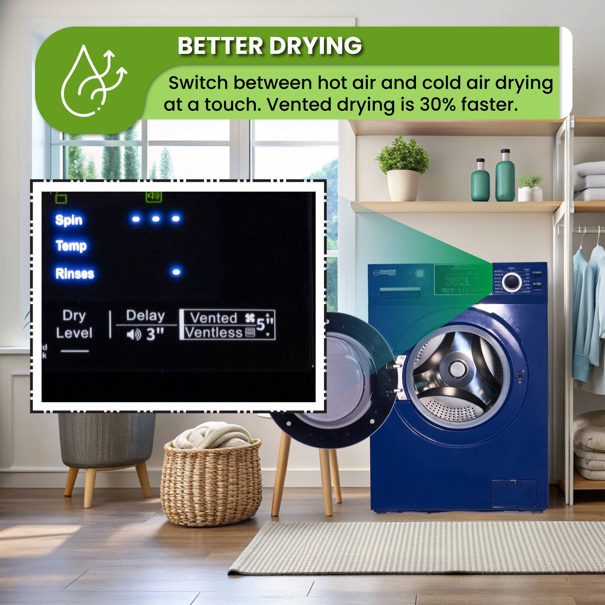 BETTER DRYING
Switch between hot air and cold air drying at a touch. Vented drying is 30% faster.
Spin
Temp
Rinses
Dry
Level
Delay
Vented
Ventless
5
3"