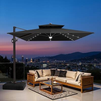 Alt View 6. Crestlive Products - Crestlive Products 9x11ft Aluminum Double Top Crank Cantilever Patio Umbrella with Lights with Base - Black.