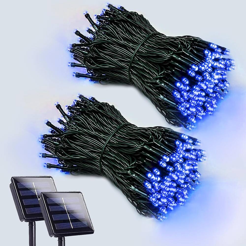 Front. RTMB - 2 Pack of 200 LED Solar String Lights for Outdoor Use, with 8 Lighting Modes - blue 2 pack.