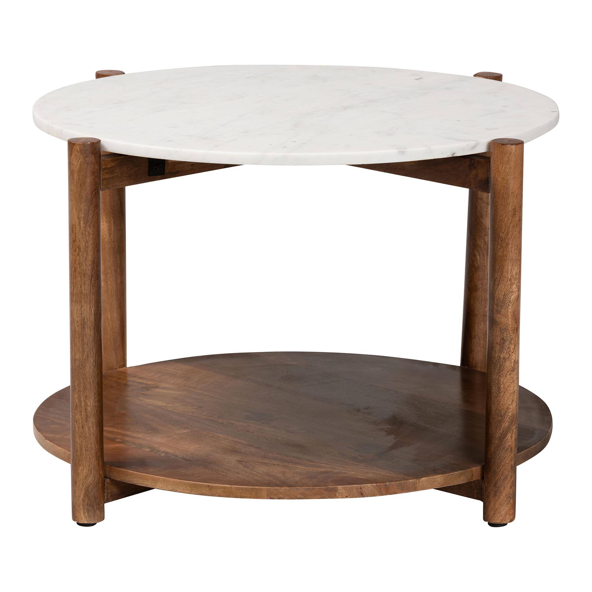 Angle. Baxton Studio - Quindalyn Round Marble Coffee Table - Modern Accent Table with Mango Wood Frame and Open Shelf Storage - Marble White/Walnut Brown.