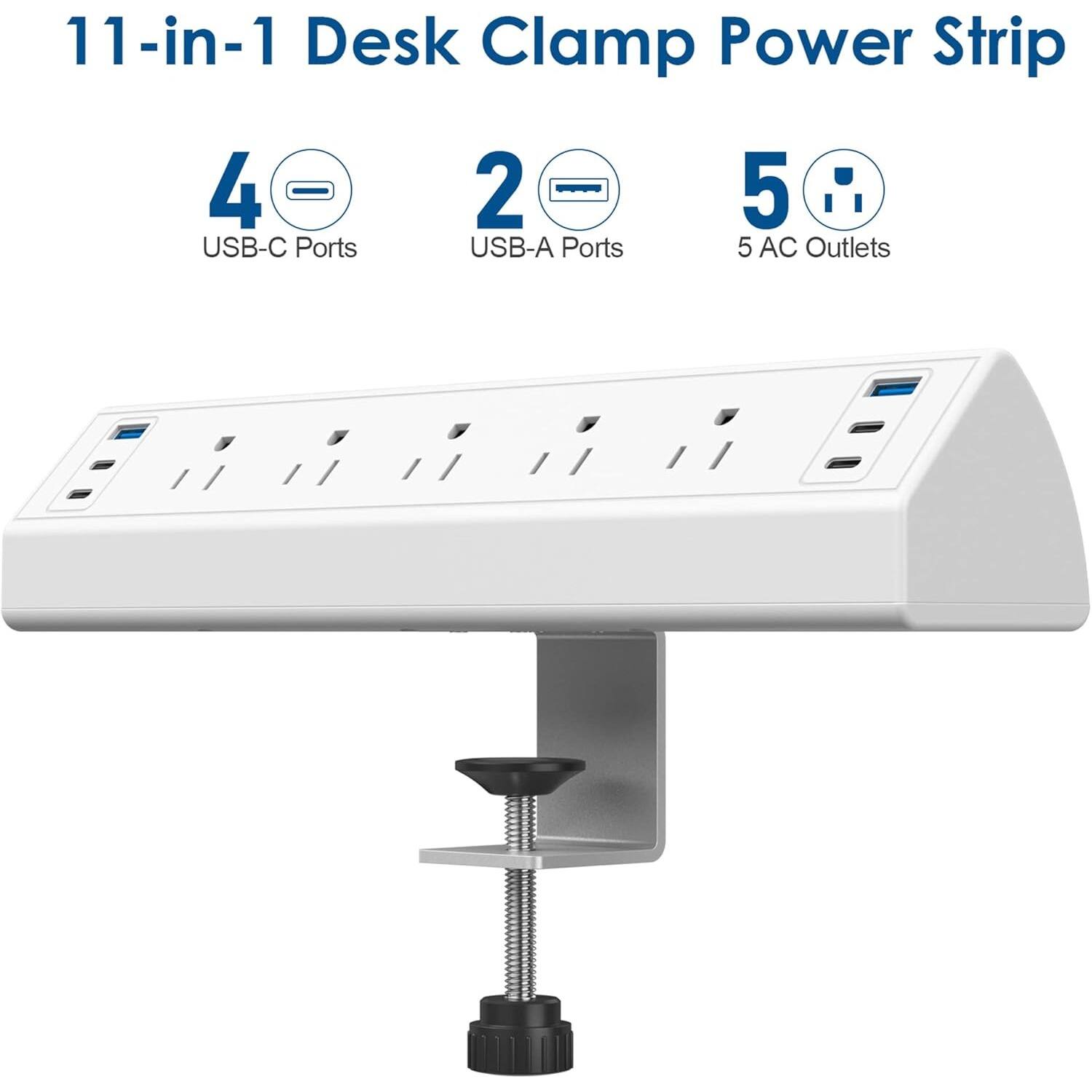 11-in-1 Desk Clamp Power Strip

4 USB-C Ports  
2 USB-A Ports  
5 AC Outlets