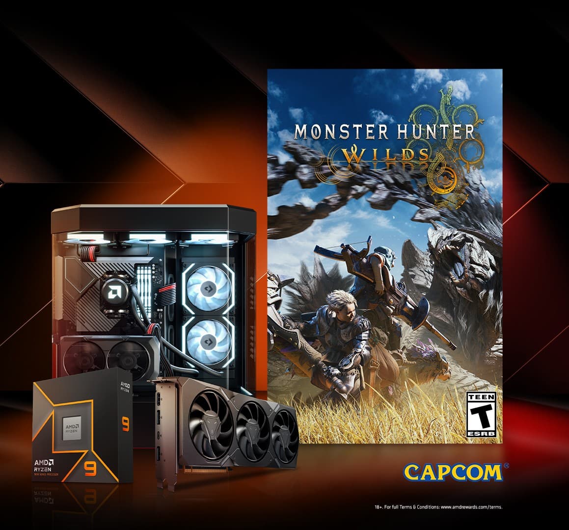Monster Hunter Worlds is a game that is compatible with AMD Ryzen processors. The game is displayed on a box with a picture of the game on it. The box also contains a game code, which can be redeemed on the Capcom website.