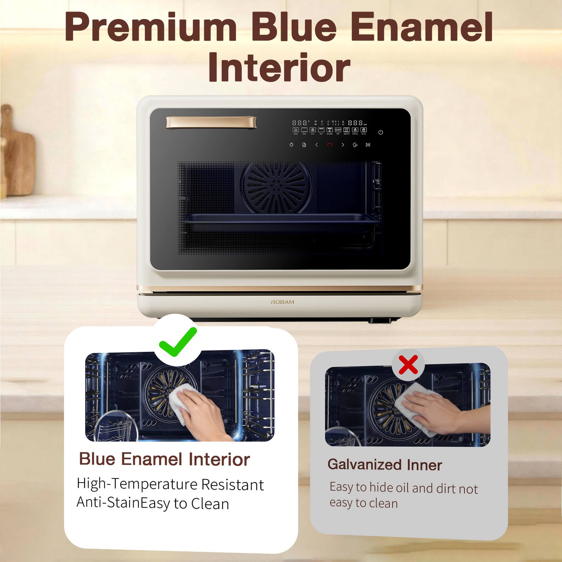 Premium Blue Enamel Interior

- Blue Enamel Interior
  - High-Temperature Resistant
  - Anti-Stain
  - Easy to Clean

- Galvanized Inner
  - Easy to hide oil and dirt
  - Not easy to clean