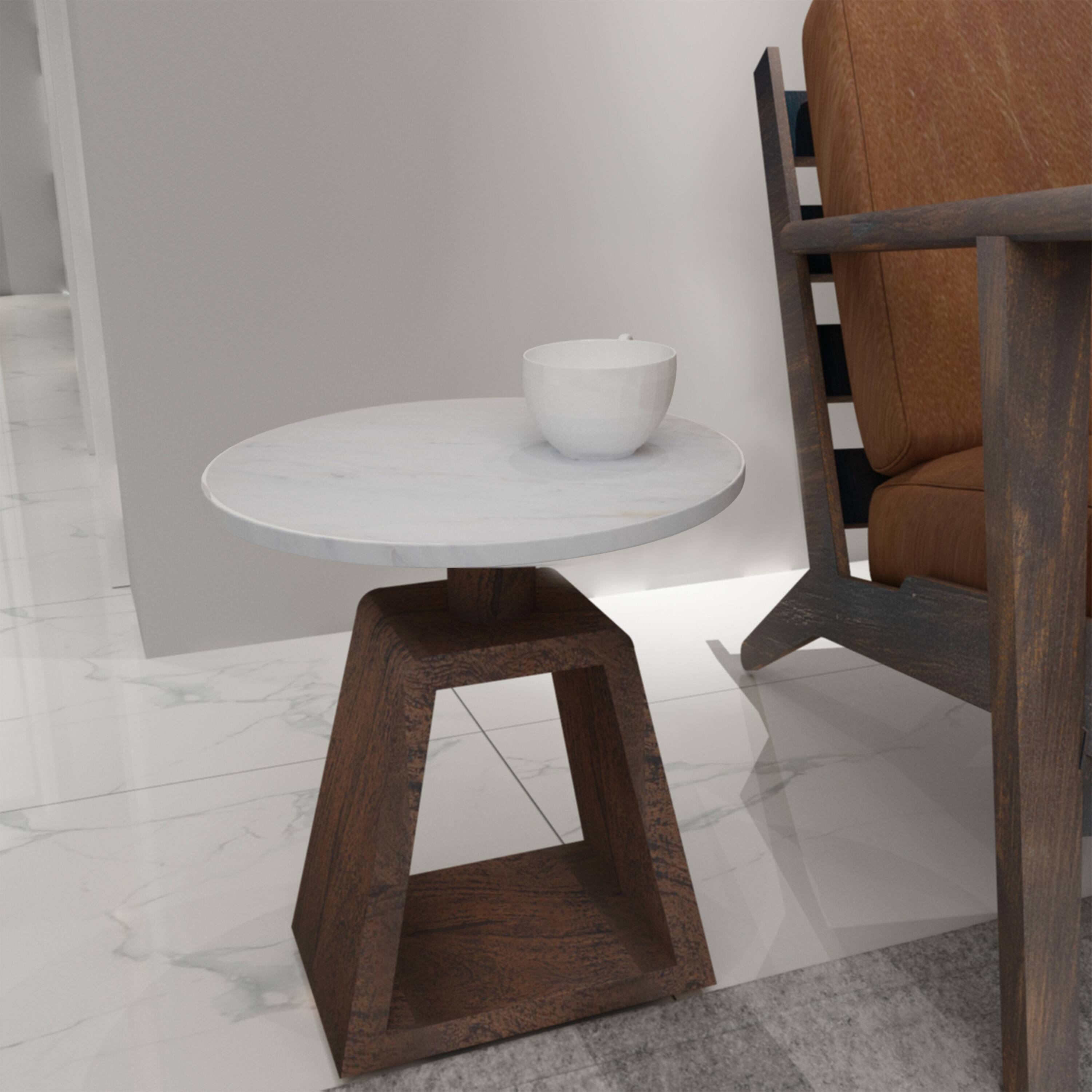 Alt View 9. Manhattan Lane - Port Blair Side End Table, Round White Genuine Marble Top with Handcrafted Mango Wood - Brown, White.