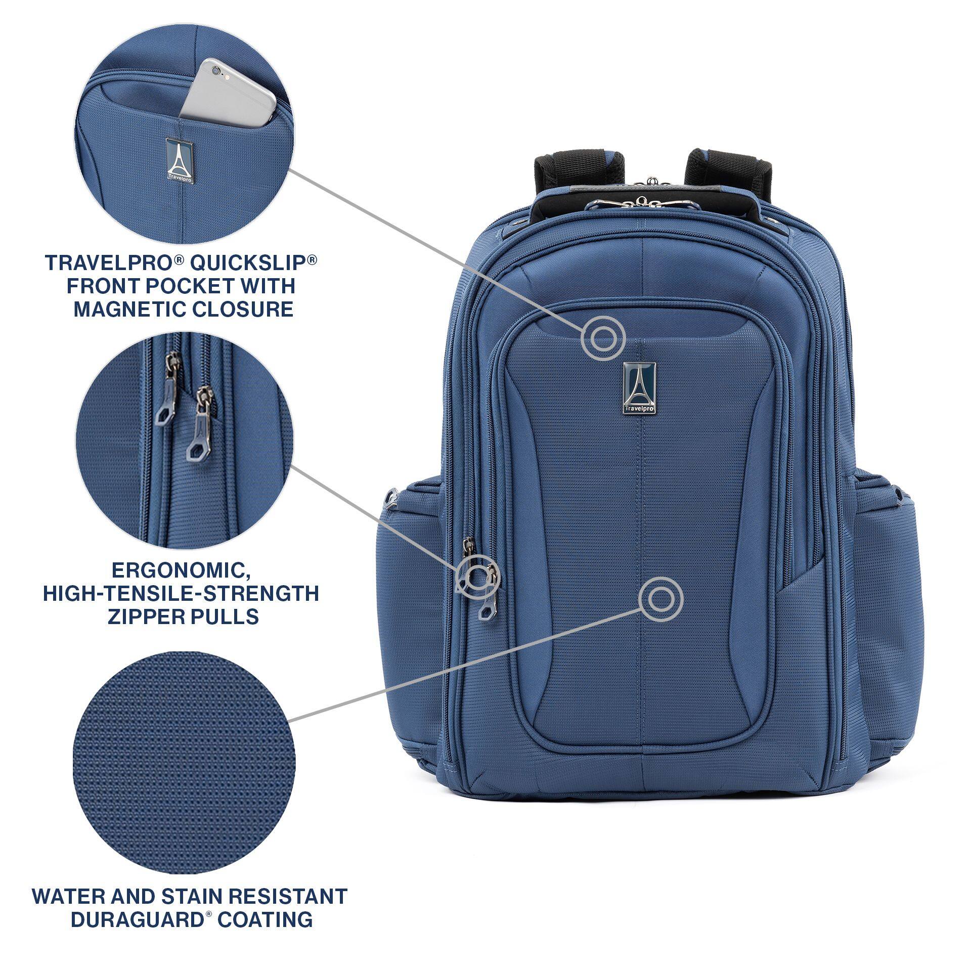TRAVELPRO® QUICKSLIP® FRONT POCKET WITH MAGNETIC CLOSURE

ERGONOMIC, HIGH-TENSILE-STRENGTH ZIPPER PULLS

WATER AND STAIN RESISTANT DURAGUARD® COATING