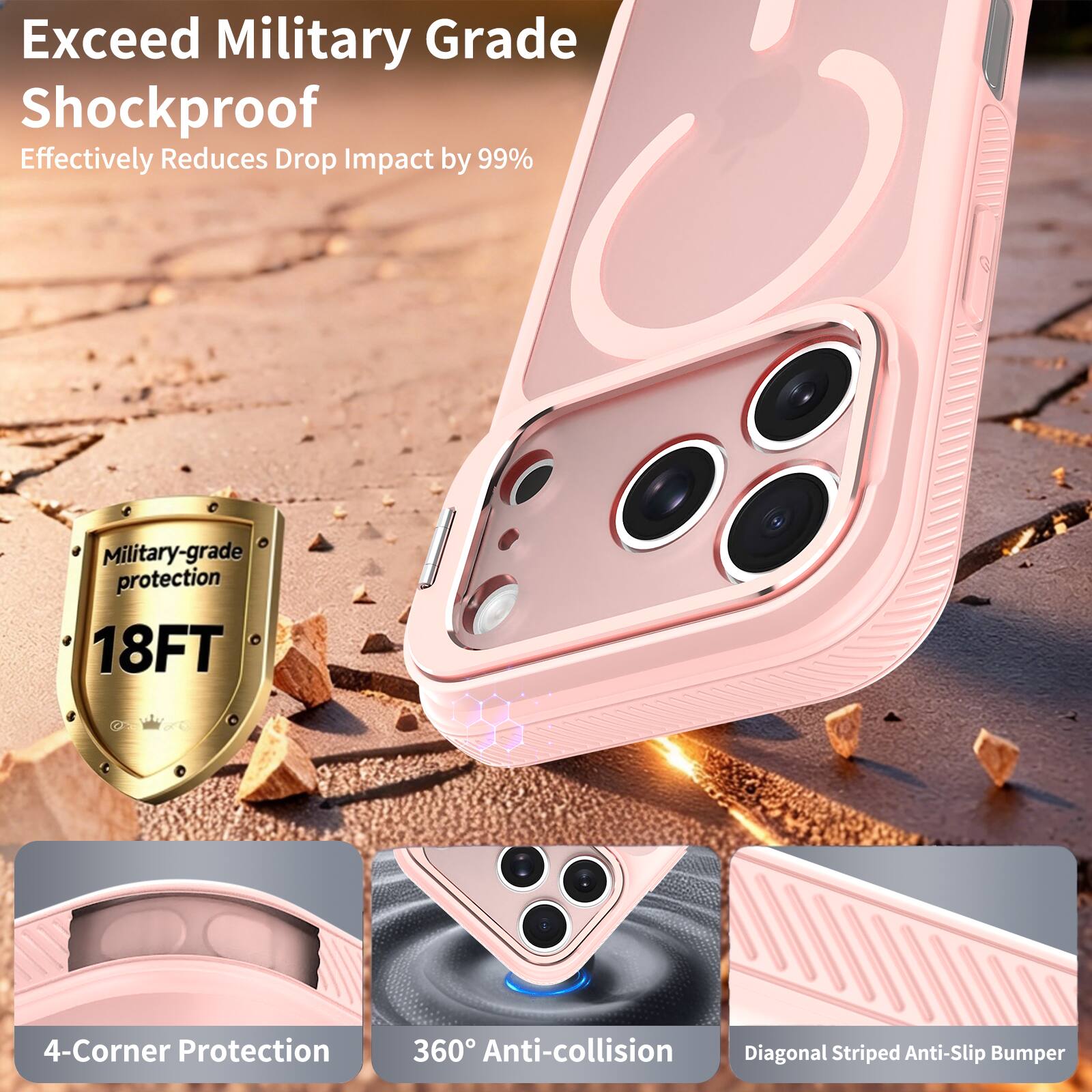 Exceed Military Grade Shockproof  
Effectively Reduces Drop Impact by 99%  

Military-grade protection 18FT  
4-Corner Protection  
360° Anti-collision  
Diagonal Striped Anti-Slip Bumper