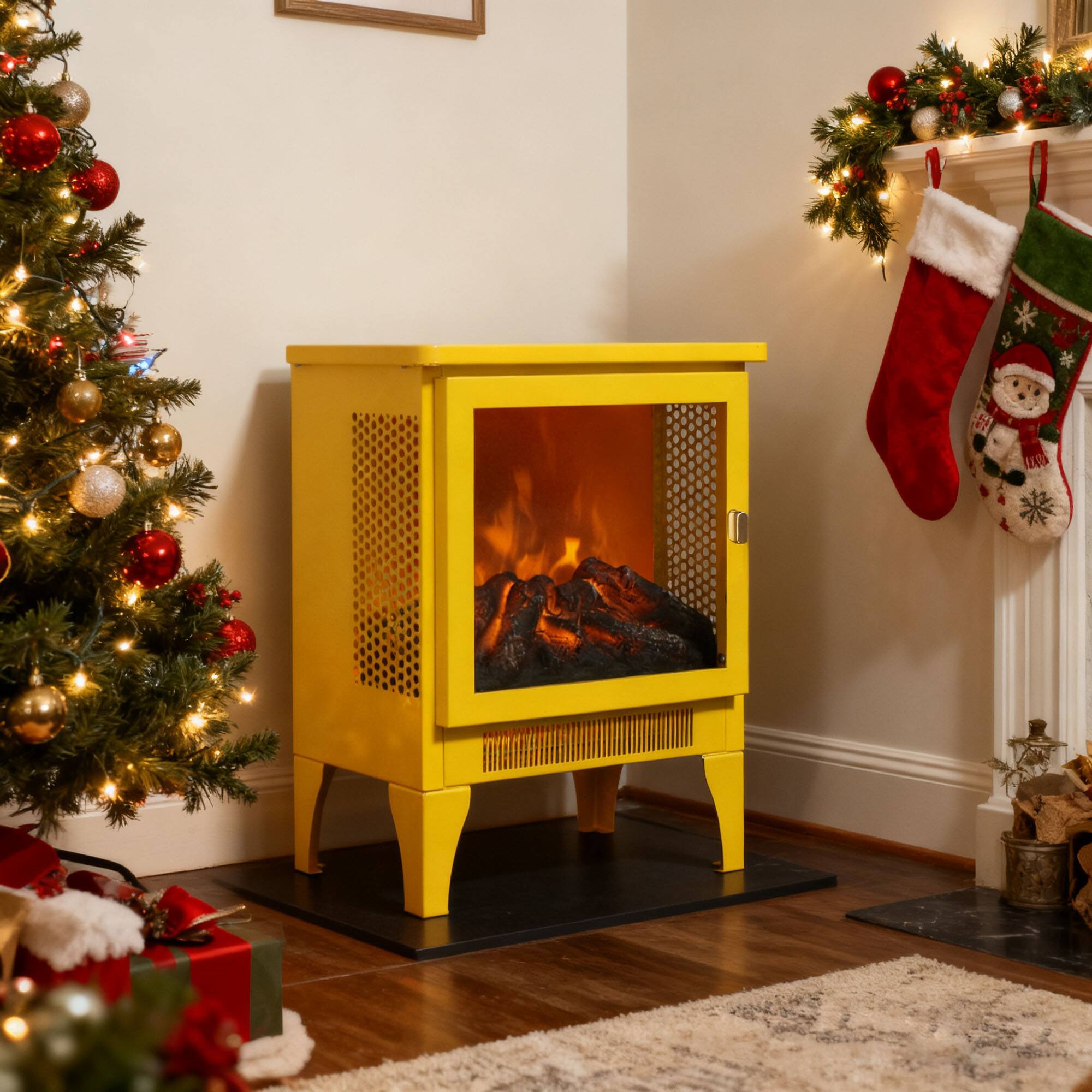 Back. Mondawe - 18" Freestanding Electric Fireplace Stove Heater w/ 3D Panoramic Flame, CSA/UL Certified, 5000 BTU, 400 Sq.Ft. - Yellow.