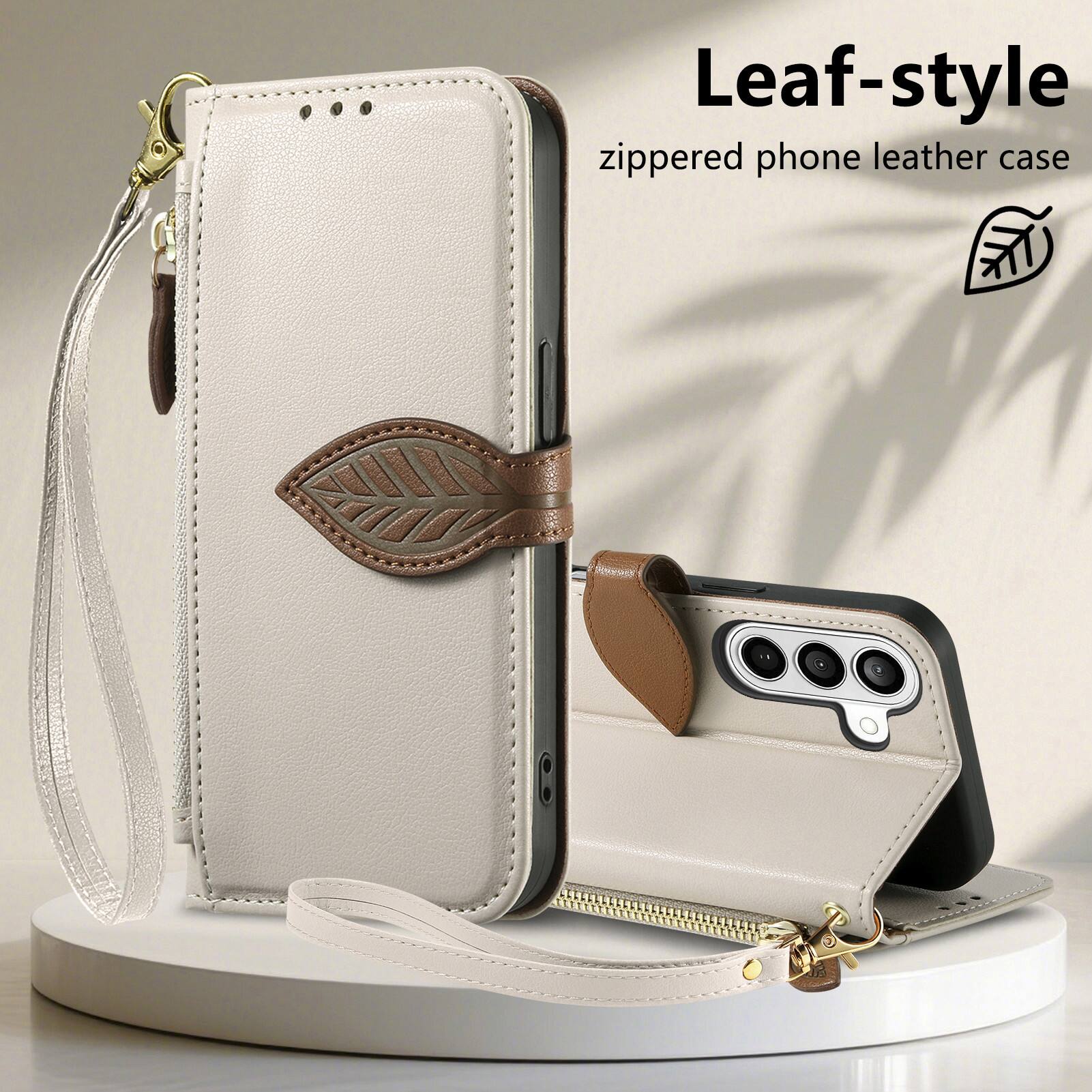 Leaf-style zippered phone leather case