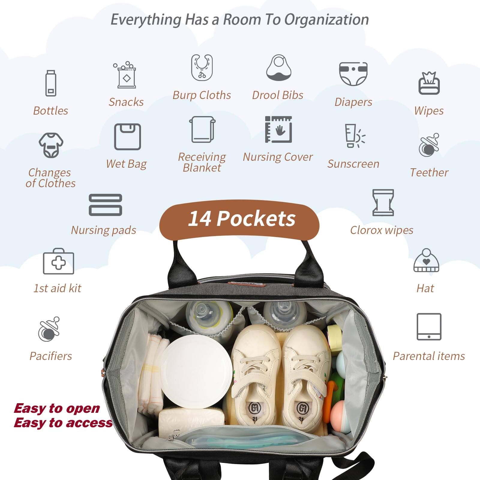 Everything Has a Room To Organization

- Bottles
- Snacks
- Burp Cloths
- Drool Bibs
- Diapers
- Wipes
- Changes of Clothes
- Wet Bag
- Receiving Blanket
- Nursing Cover
- Sunscreen
- Teether
- Nursing Pads
- Clorox Wipes
- 1st Aid Kit
- Hat
- Pacifiers
- Parental Items

14 Pockets

Easy to open
Easy to access