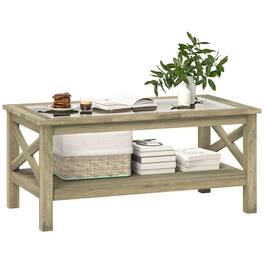 Homcom - Glass Coffee Table w/ Storage, Farmhouse Center Table w/ X-Bar Style Sides - Gray