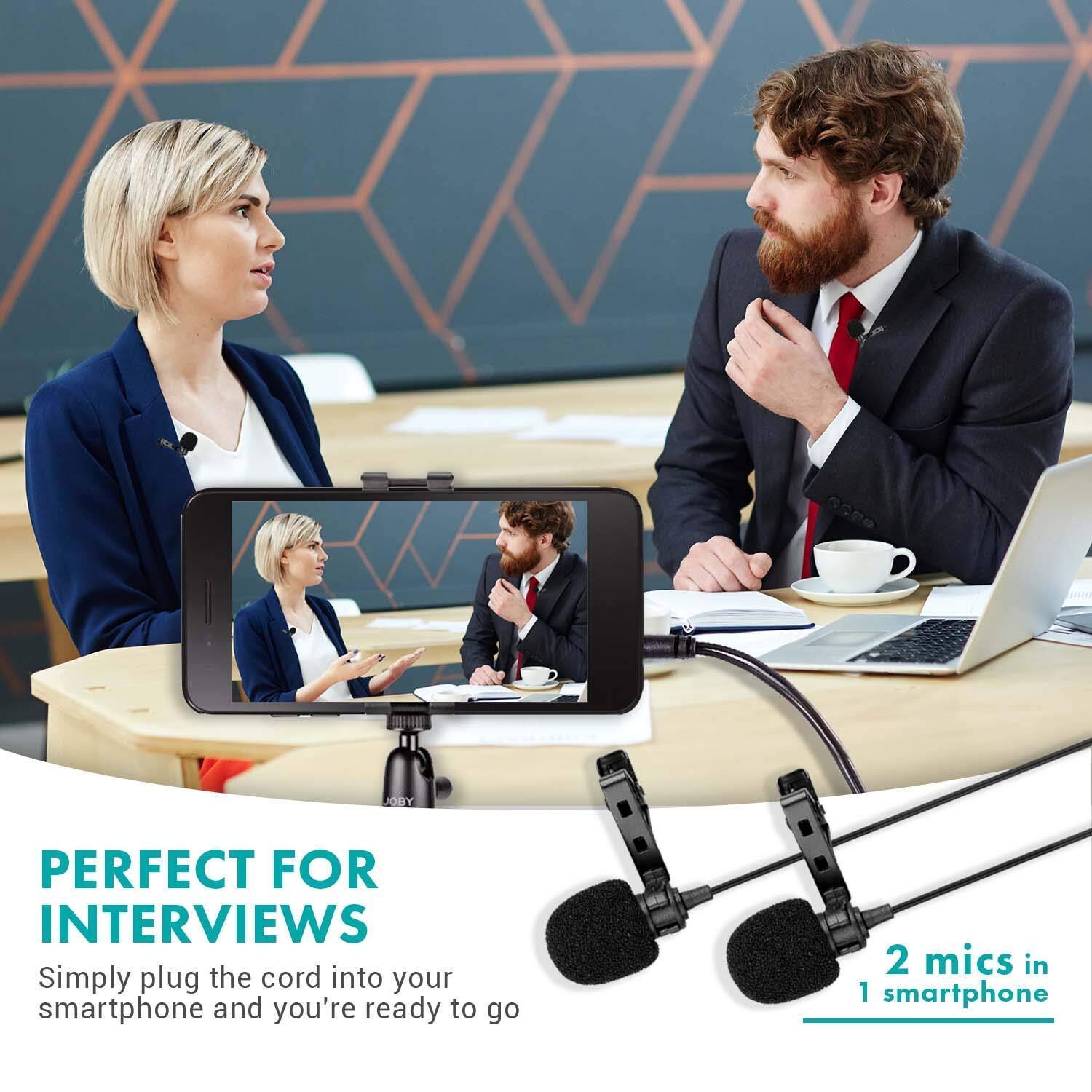 PERFECT FOR INTERVIEWS

Simply plug the cord into your smartphone and you're ready to go

2 mics in 1 smartphone